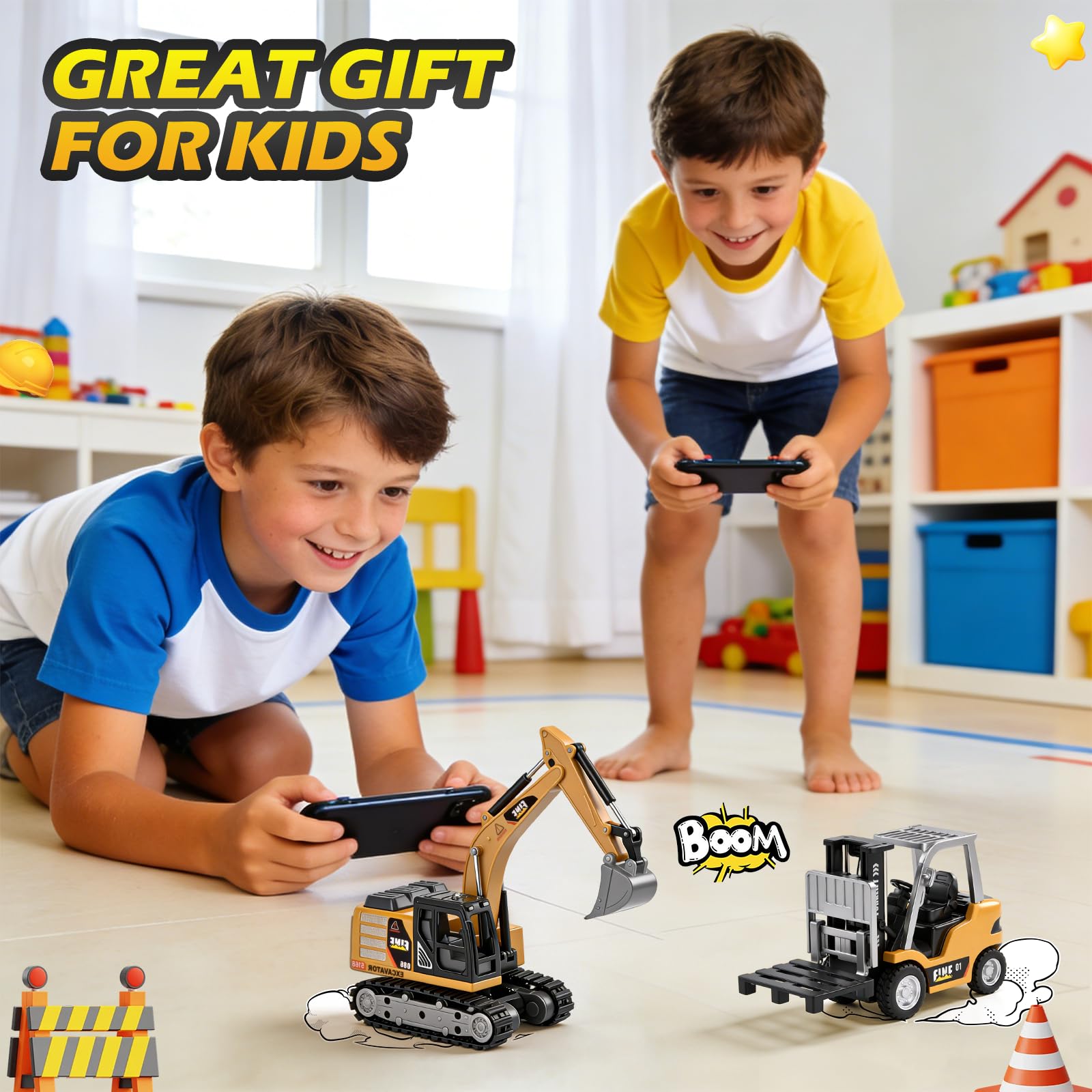 Mini Escavatore Telecomandato, 1:64 Escavatore RC Giocattolo in Metallo con App e Telecomando 2,4 GHz, Luci ed Effetti Sonori, 2 Velocità, Veicolo da Costruzione Telecomandato per Bambini