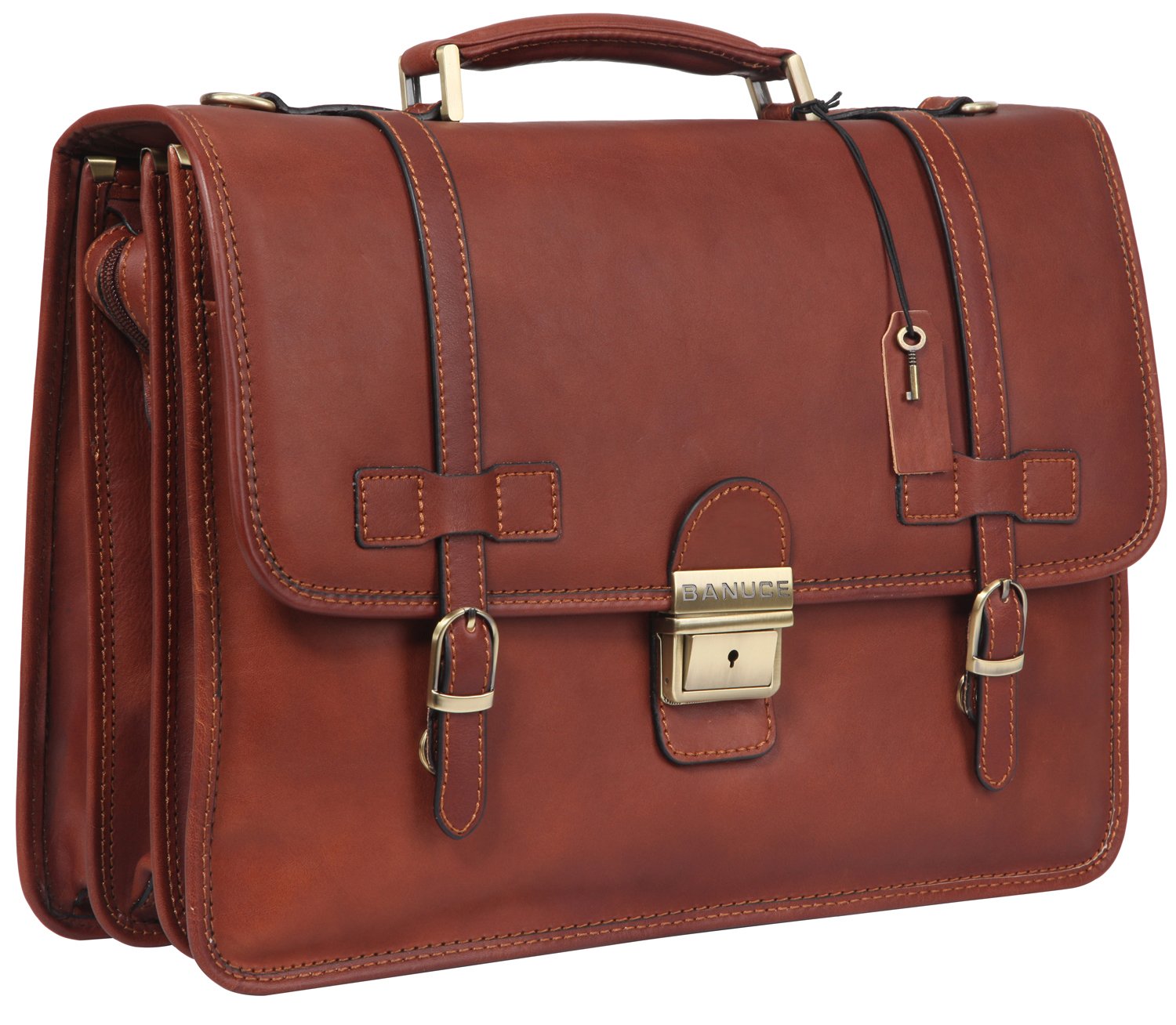BanuceVintage Genuine Full Grain Italian Leather Briefcase for Men with Lock 14 Inch Laptop Attache Case with Luggage Strap Brown