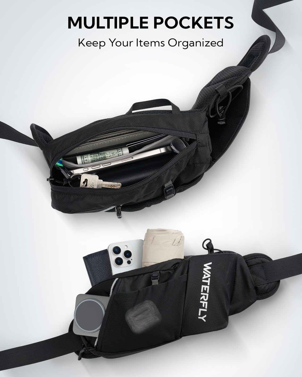 WATERFLY Bauchtasche Herren Damen mit Flaschenhalter: Sportliche Klein Gürteltasche Stylische Joggen Hüfttasche Gassi Bumbag Hundetraining Bum Belt MTB Hipbag Reisen Bauchbeutel Sport Hip Bag