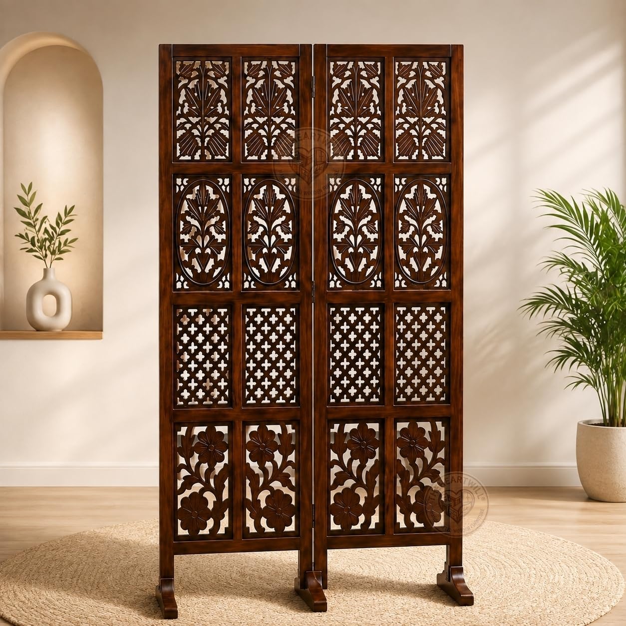Wooden Partition Wall Divider | Room Divider Folding Partition | Room Divider Partition for Living Room, Hall, Bedroom, Office, Pooja Room | Privacy Screen, Space Separator, 2 Panel with Stands 5ft-image-42