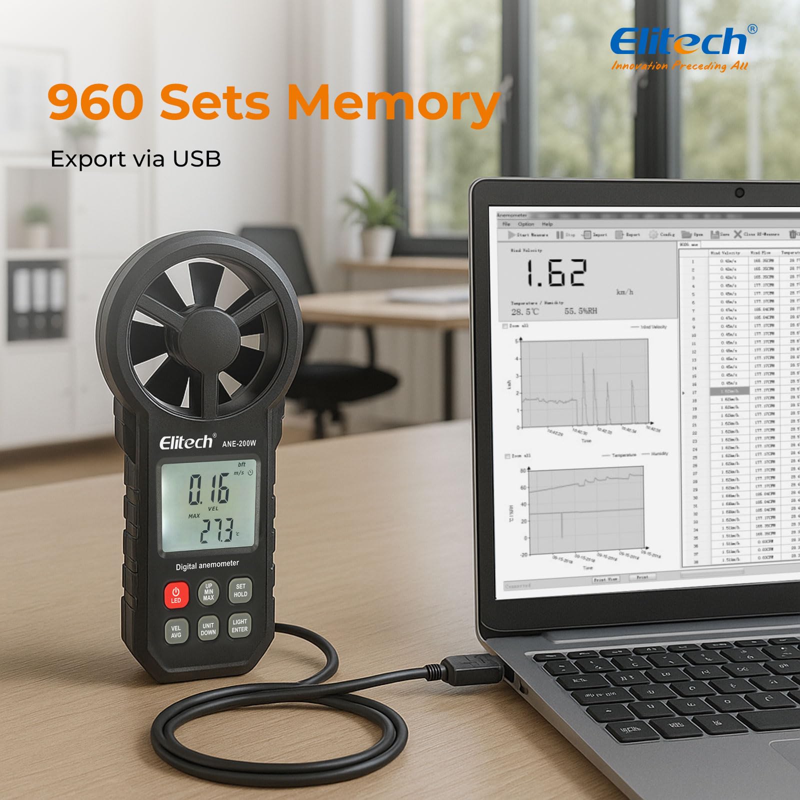 Elitech Wiatomierz Bluetooth, cyfrowy anemometr, pomiar prędkości wiatru, eksport danych USB, pomiar przepływu powietrza CFM/CMM do kontroli HVAC i ochrony środowiska ANE-200 W