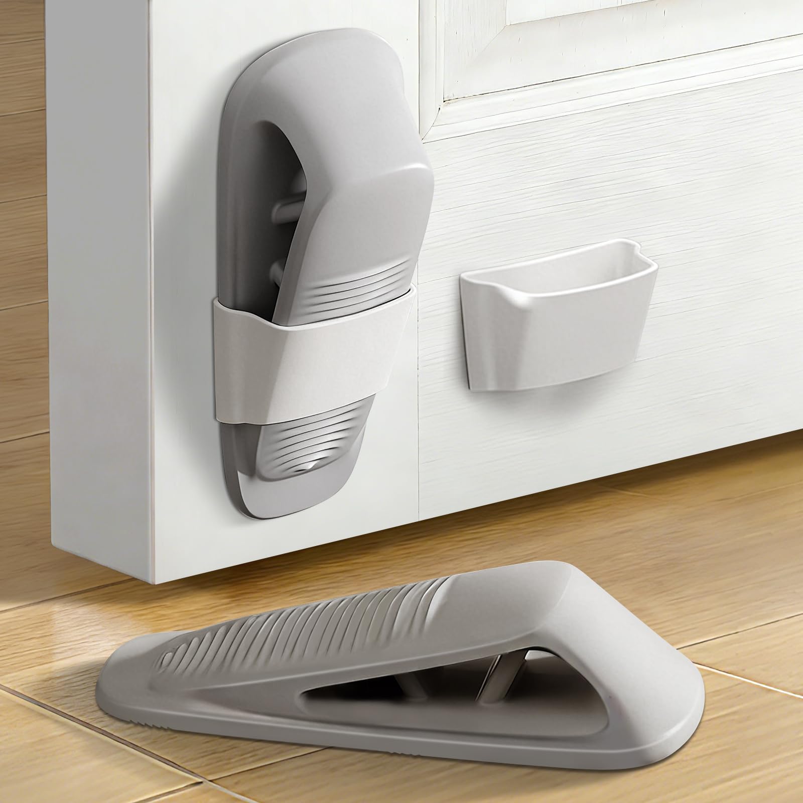 Door Wedge, 2 Pack Door Stoppers with Holder, Rubber Door Stops Indoors Anti Slip Stackable Doorstop Wedges for Floor, Grey