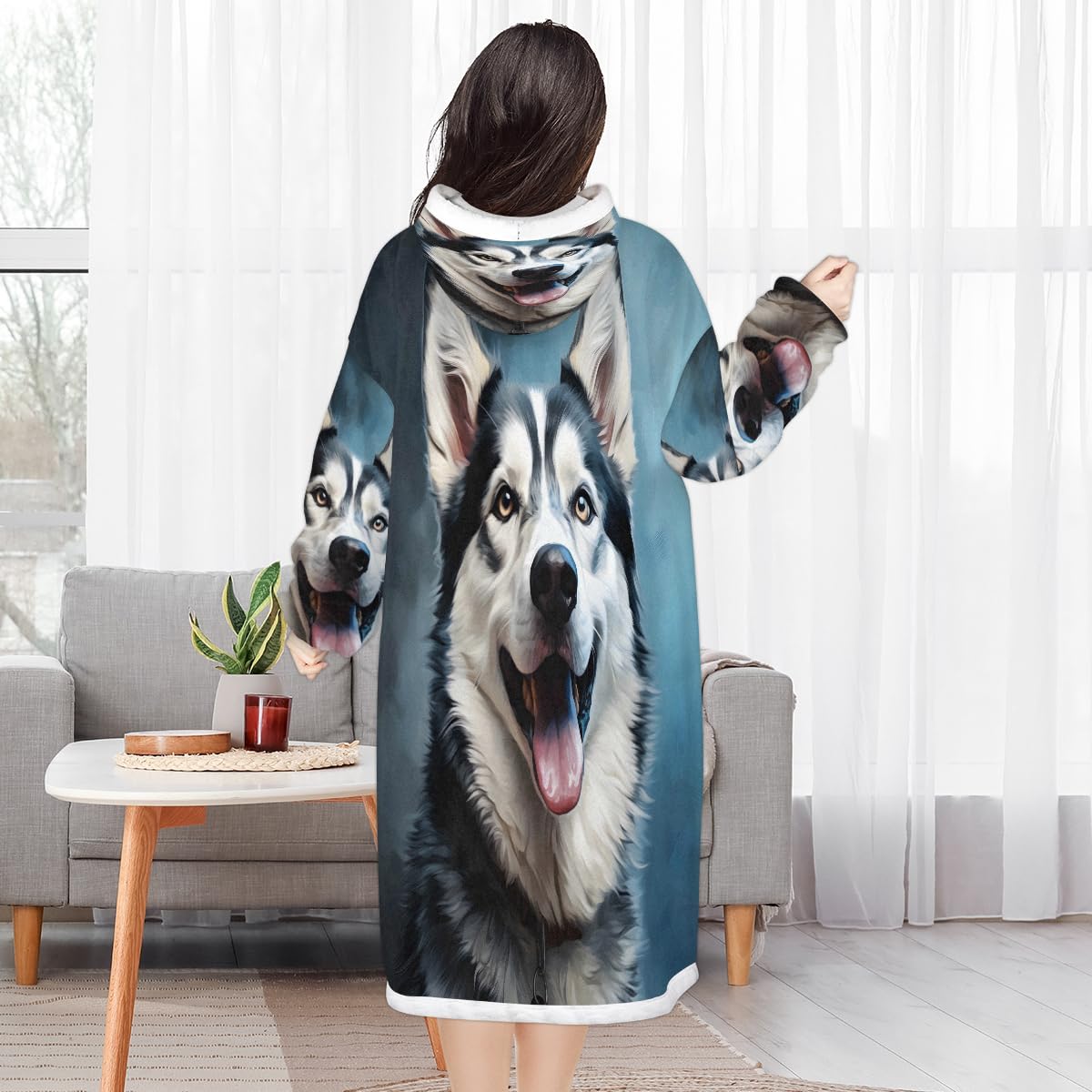 Pardick Wearable Blanket Hoodie Husky Dog Oversized Fleece Hoodie Blanket Warm Sweatshirt Animal Dog Thick Hooded Blanket Gifts for Women Men