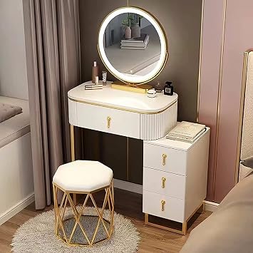 Women Dressing Table Set, Modern Makeup Vanity Dressing Table with LED Lights Mirror and 4 Drawers, Cushioned Stool,B,70cm/27.5 inch