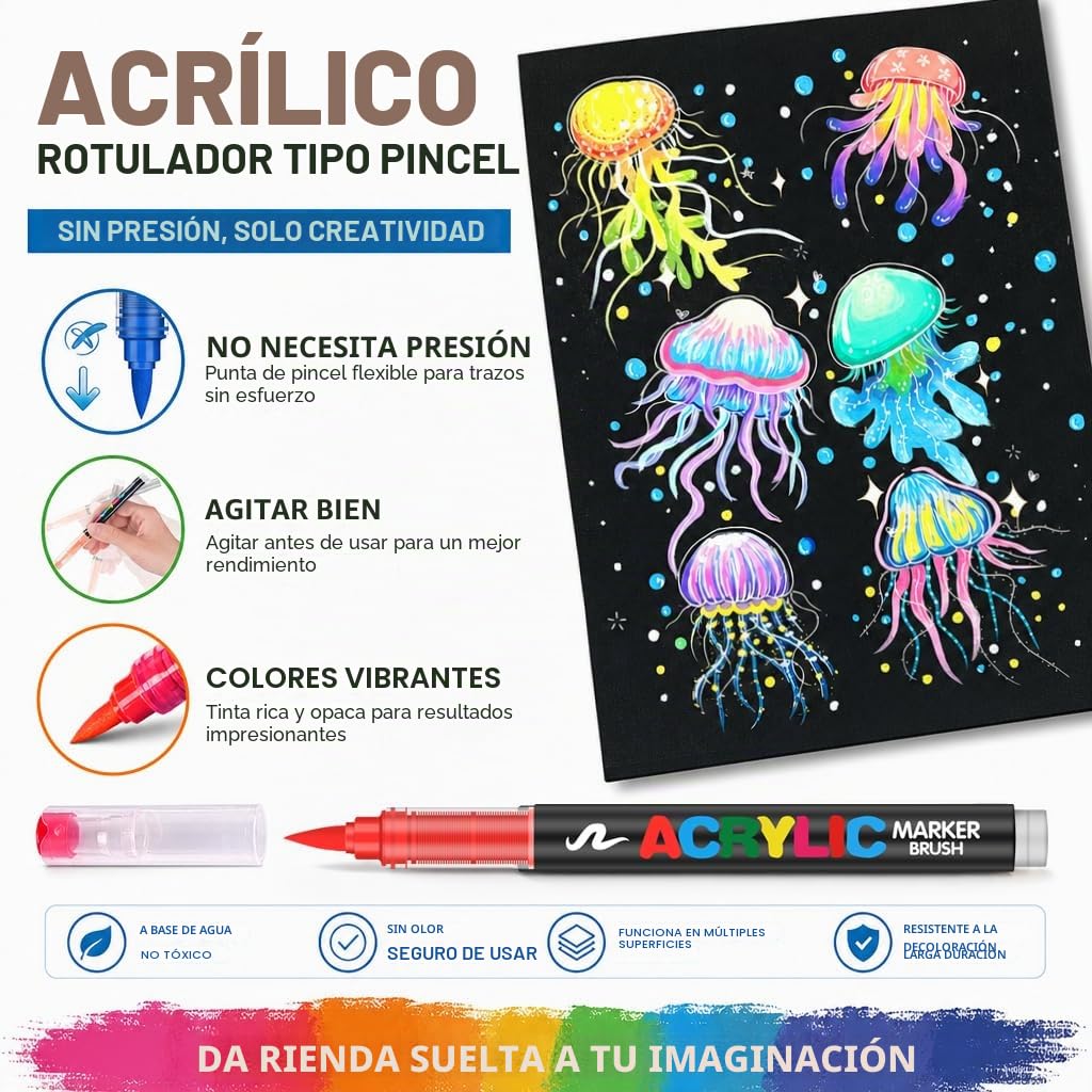 Melifluo 288 Rotuladores Acrílicos Punta Pincel - Marcadores Permanentes para Piedras, Tela, Vidrio, Madera, Cerámica, Lienzo y Papel - Pintura Acrílica de Secado Rápido para Lettering y Manualidades