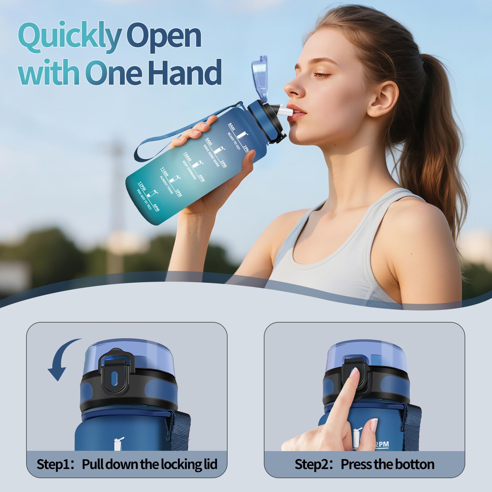 HoneyHolly Borraccia, 1.5L Borraccia Acqua, Borraccia Motivazionale con Cannuccia, Borraccia Palestra, A Prova di Perdita, Bottiglia Acqua per Scuola, Palestra, Campeggio, Ciclismo, Yoga