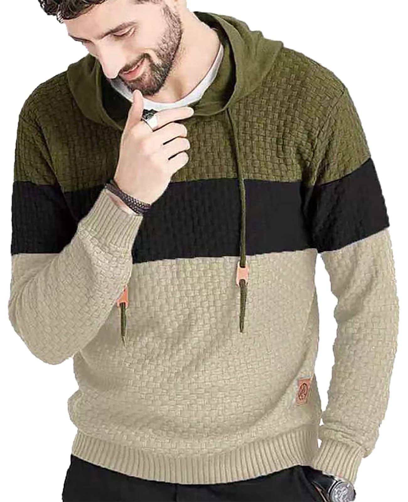 Genfien Sudadera con Capucha para Hombre Jersey con Capucha de Forro Deportiva Cuadros Jacquard de Punto Camisa de Entrenamiento Hoodie Casual Otoño Invierno