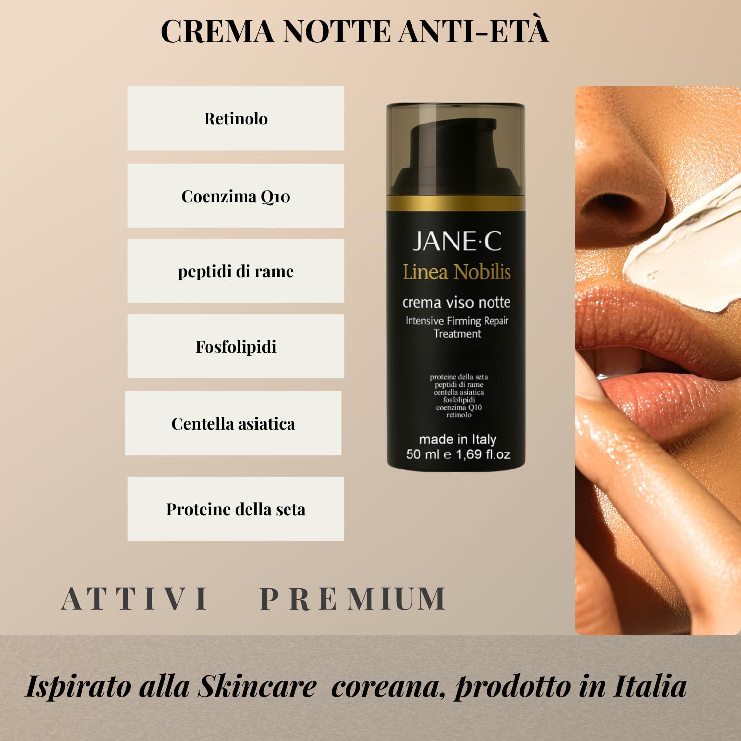 JANE•C Crema Viso Notte Antirughe – Crema Notte Rigenerante e Levigante, Anti-Age Intensiva con Retinolo, Coenzima Q10, Centella Asiatica e Fosfolipidi – Skincare Coreana – 50 ml – Made in Italy