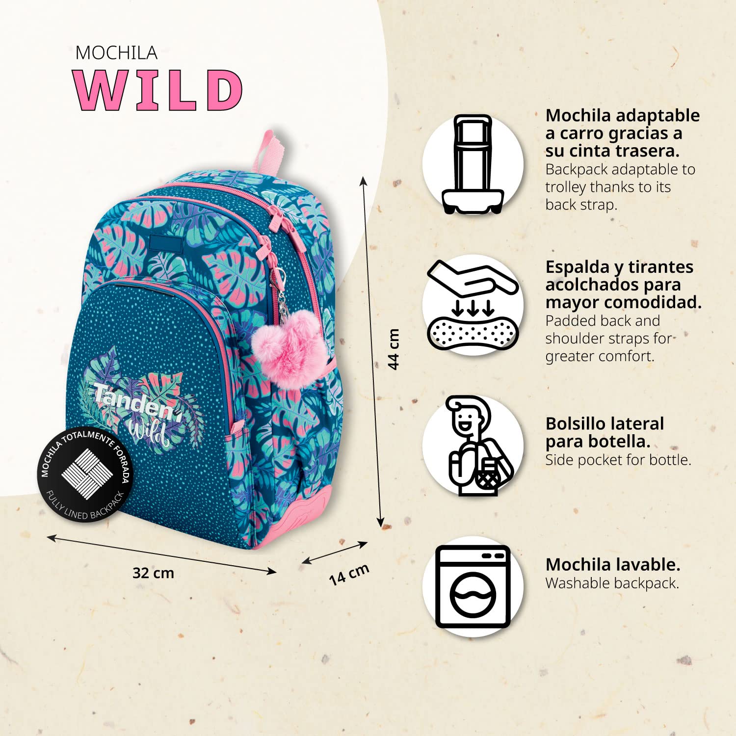 OFITURIA Zaino Scuola Bambina, Zaino Adattabile Auto, Spallacci Ergonomici Imbottiti con Materiale Traspirante, Zaino Bimba con Tasca Frontale e Tasca Laterale