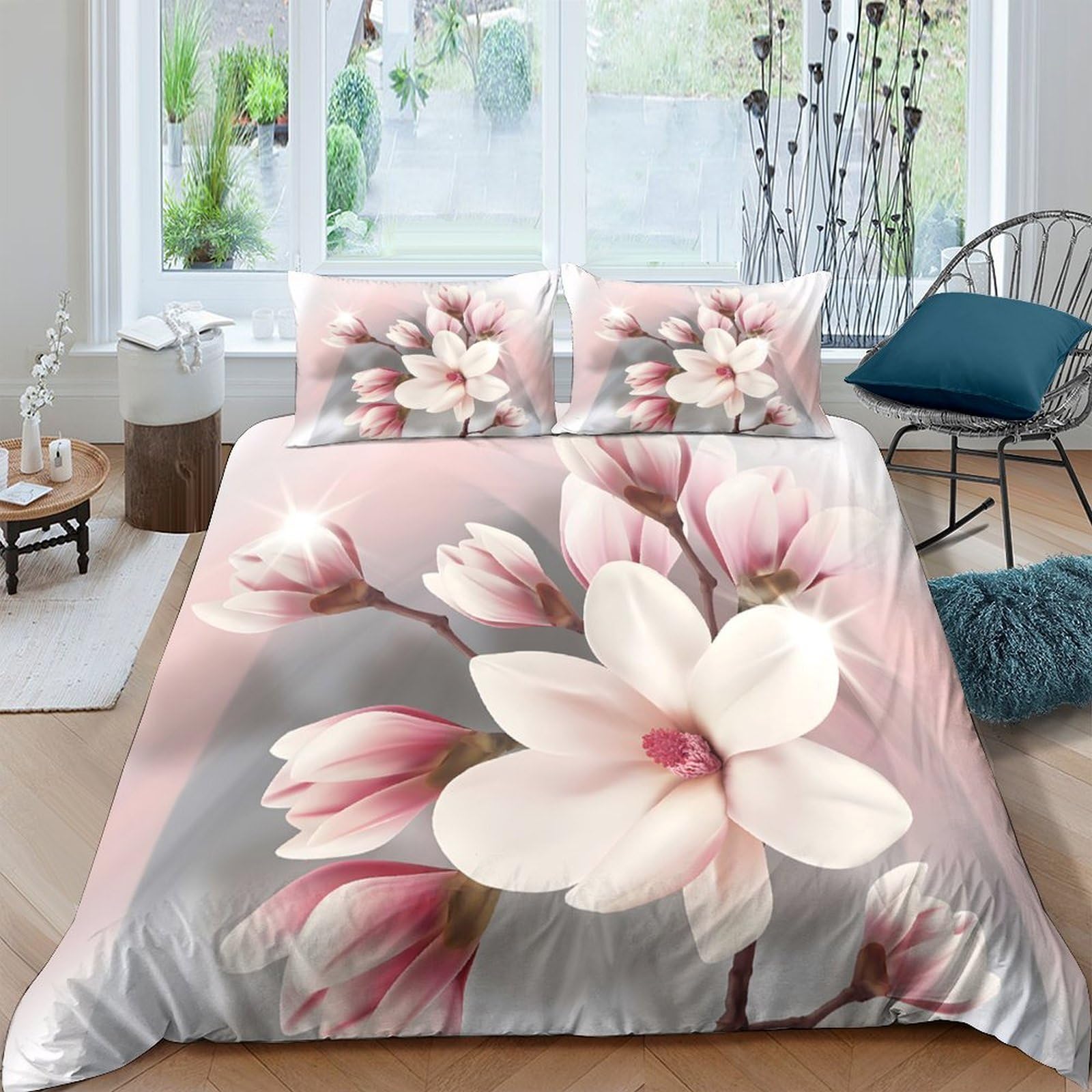 Ctjqhvkz Style-3 3D Printed Magnolia Blossom Fitted Sheet Microfiber Soft Pink White Flower Bed Cover For Bedroom Guest Room Mattress Decor Single（135X200cm）
