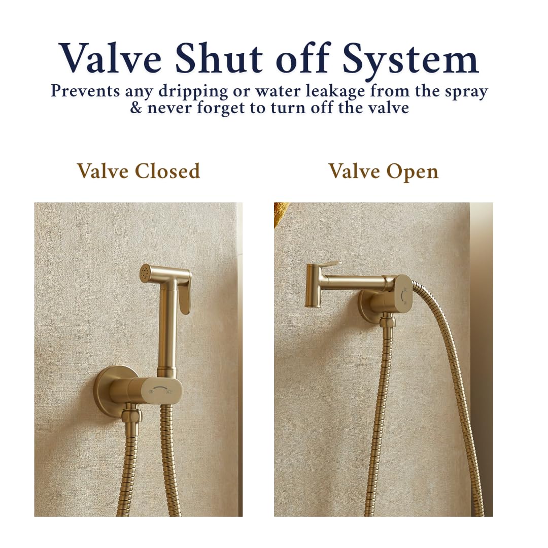 Kit de douche rond en laiton brossé avec valve d'arrêt et tuyau – Pulvérisateur de bidet en laiton de qualité supérieure, tuyau de 1,5 m et isolateur intégré