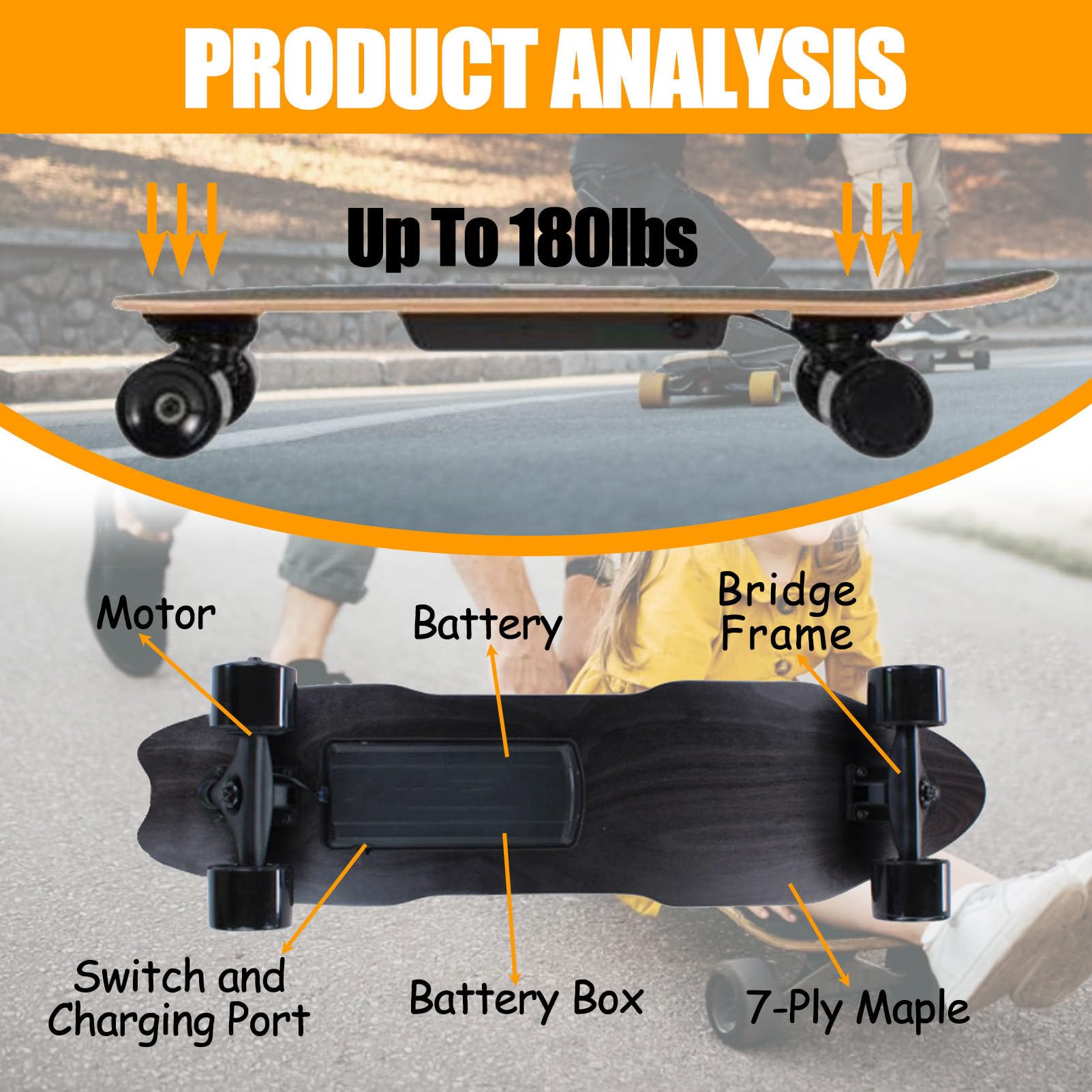 Skateboard Elettrico con Telecomando, Motore Singolo, velocità Massima di 25 Km/H, Autonomia di 15 Km, Skateboard Longboard per Uscire con Gli Amici E