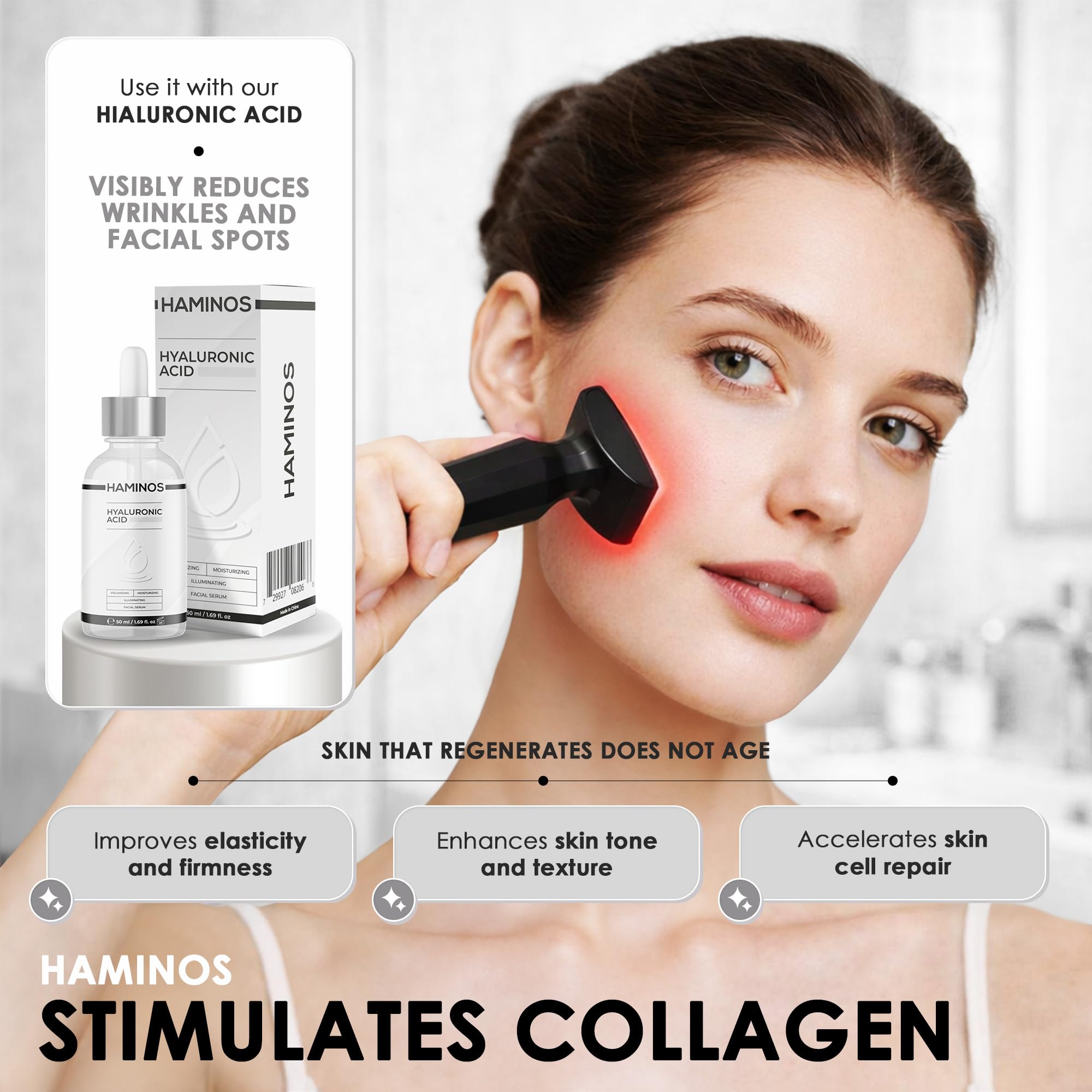 HAMINOS Derma Stamp 0.25 mm Red Light, Microcurrent, Vibration for Scalp & Skin, 4-in-1 Microneedling Stamp with 2 Needle Heads, USB-C Rechargeable