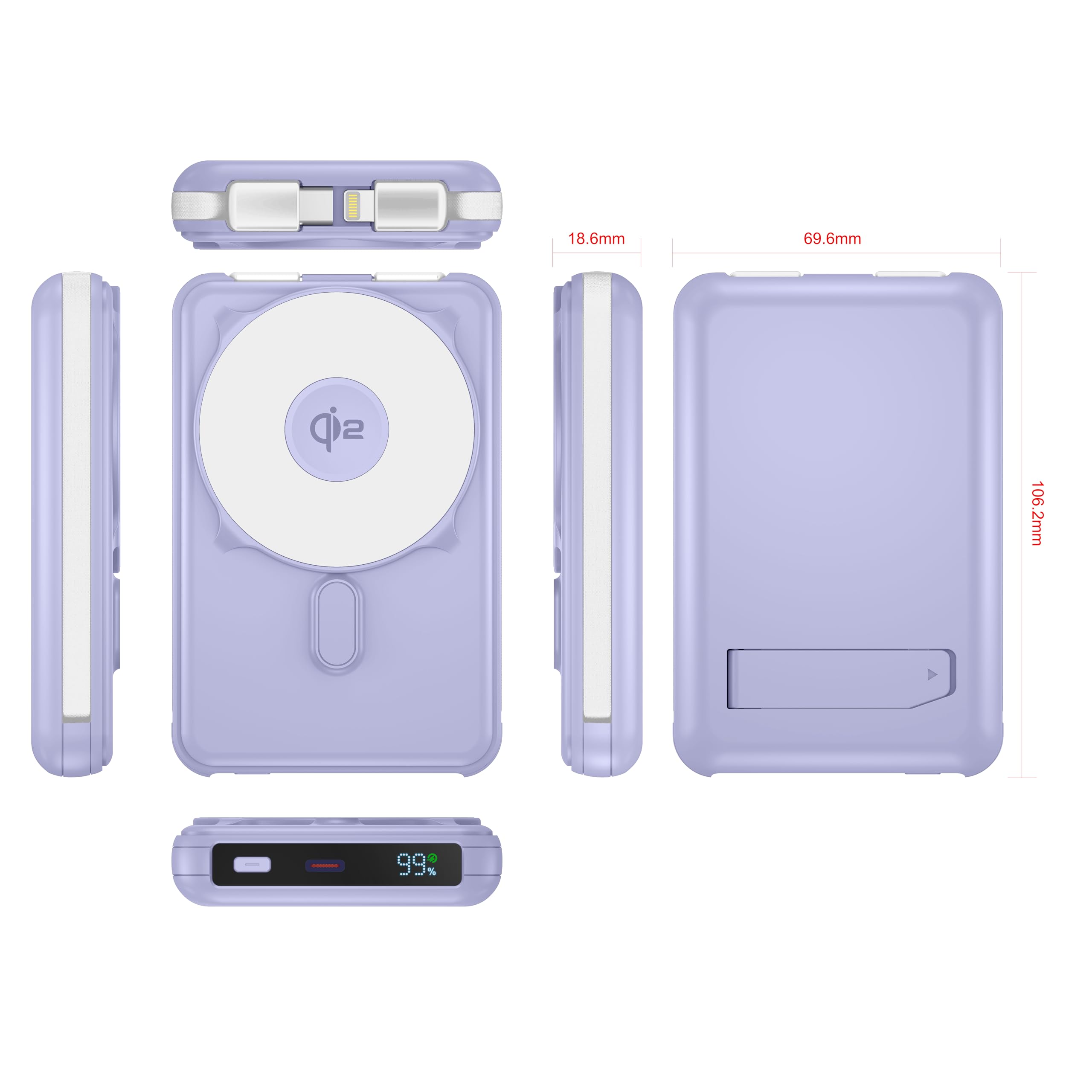 MOJOGEAR NovaMag Batterie externe tout-en-1 10 000 mAh – Charge sans fil Qi2 super rapide – Câble USB-C et Lightning intégré – Compatible avec iPhone et Samsung – Batterie externe Mag Safe – Lumière