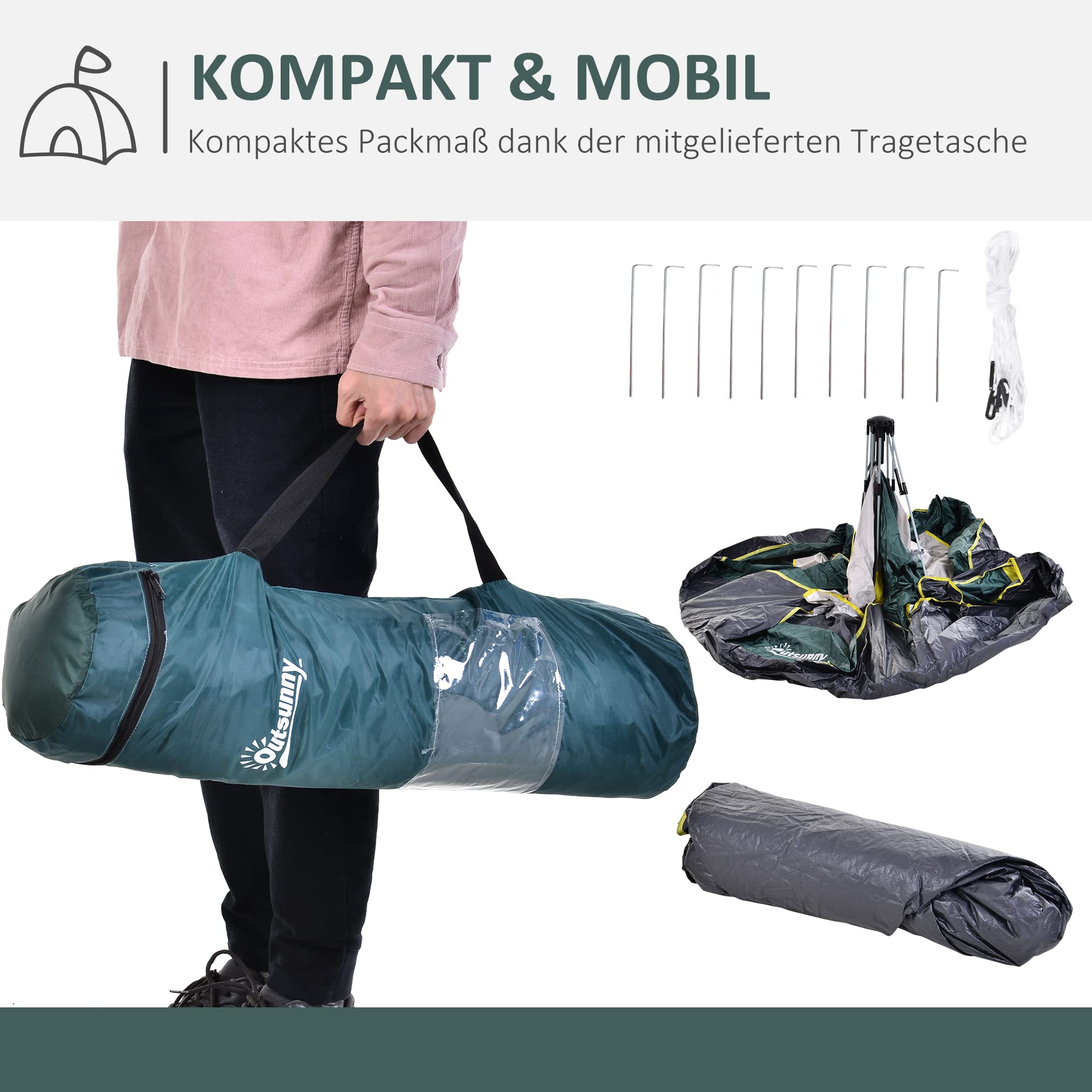 Outsunny Campingzelt für 3 Personen Pop-up Kuppelzelt mit Fenster | Packtasche, Haken, Bodenplane, Familienzelt, 1000mm Wassersäule, Zelt für Camping Reise Trekking Garten