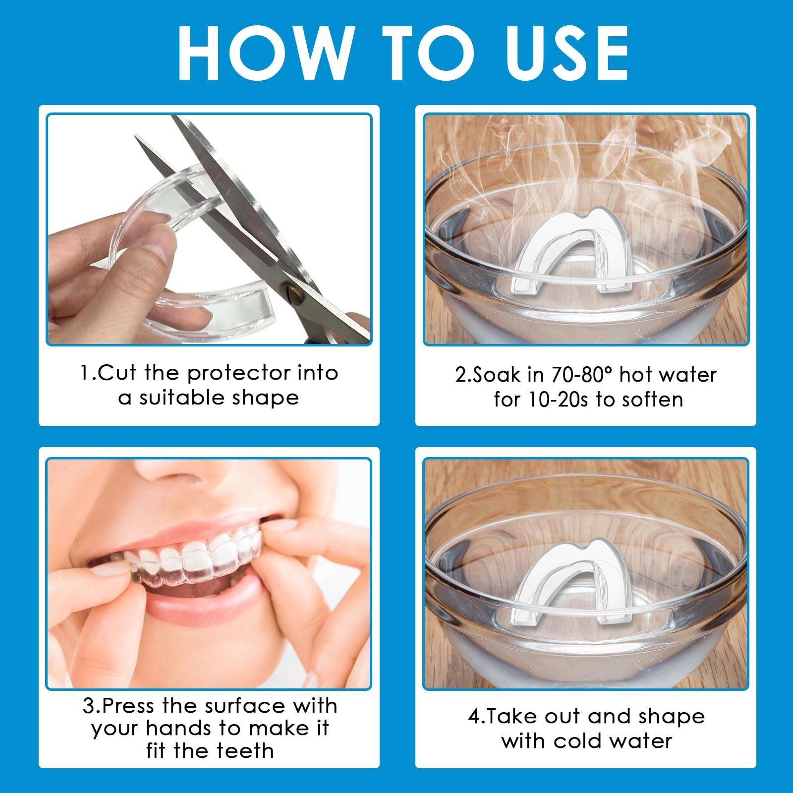 Férula Descarga Bruxismo Moldeable 4 Piezas, 2 Tamaños, Kit Protección Dental con Caja Higiene, Protector Bucal Dormir