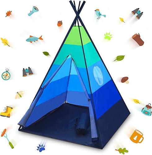 Miniatura 8 de USA Toyz Happy Hut - Tienda de campaña de tipi para niños tienda de campaña desplegable para interiores para niños niñas tienda de campaña para Azul