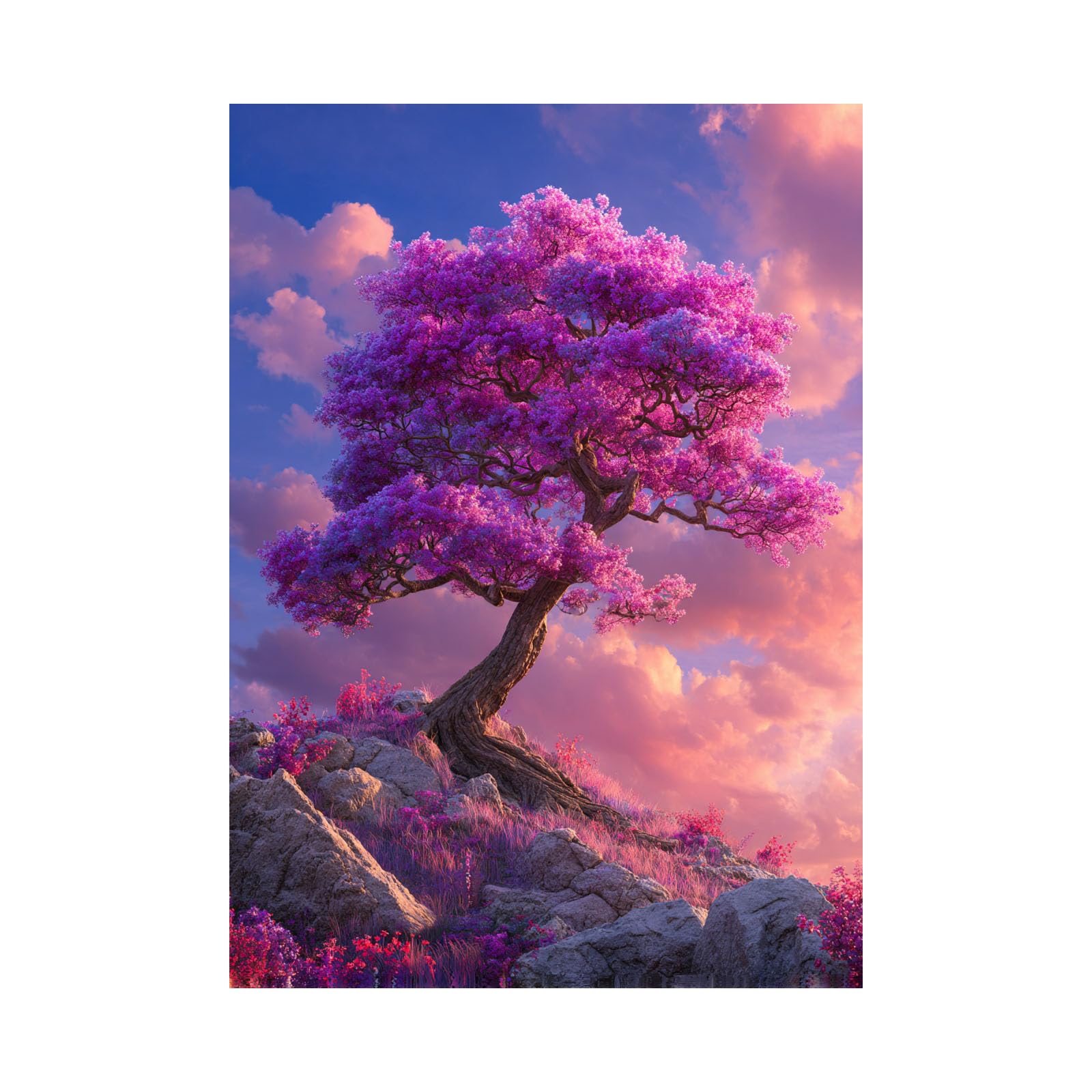 Teruea Pink Zen Canvas Wall Art Magenta Violet Blossom Tree, Hill, Cloud & Glowing Sunset For Home And Office Decoration(Pink)-40X60cm1 Unframed