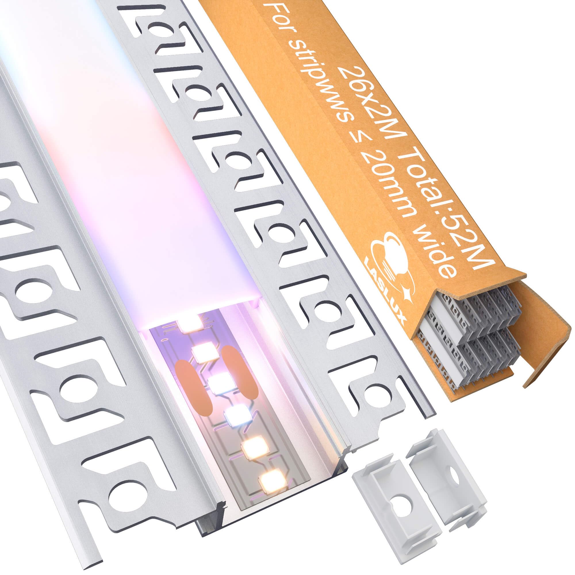 26x Profilo Alluminio per Strisce LED Cartongesso 2M (44mt) - Canalina per Striscia LED con Copertura Opaca - Dimensioni 28 x 13.8mm - Compatibile con Strisce LED fino a 21mm (Z44-2M, 26)