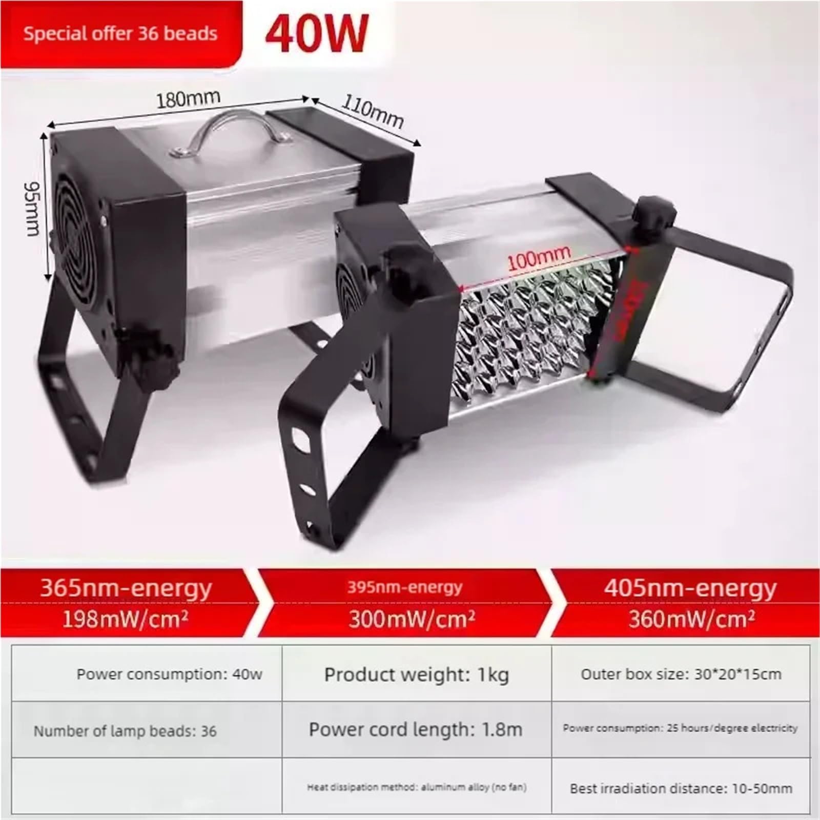 UV-Licht, 700 W 800 W Schnelltrocknende UV-Härtungslampe 365 nm 395 nm 405 nm 3D-Druckharz Grünes Öl Lötmittel PCB-Plattenbeschichtung LCD(405nm,No fan 400W)