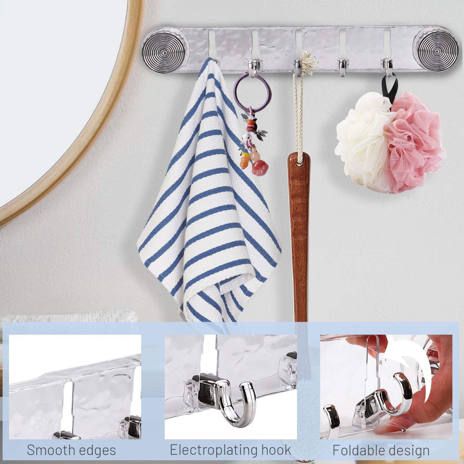 Paquete de 2 ganchos fuertes con ventosa, ganchos acrílicos modernos y resistentes para toallas de ducha con 5 ganchos plegables, ganchos de pared extraíbles sin taladro, para baño, cocina,