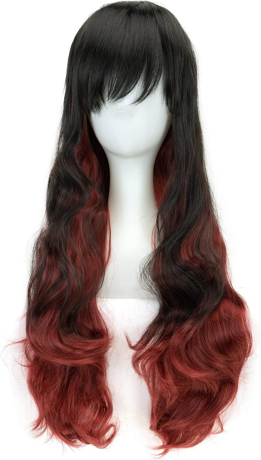 IMISSU 26'' Long Natural Hair Cosplay Wig with Bangs Colorful Halloween Costume Party Wigs for Women (Black Red) - Image 3