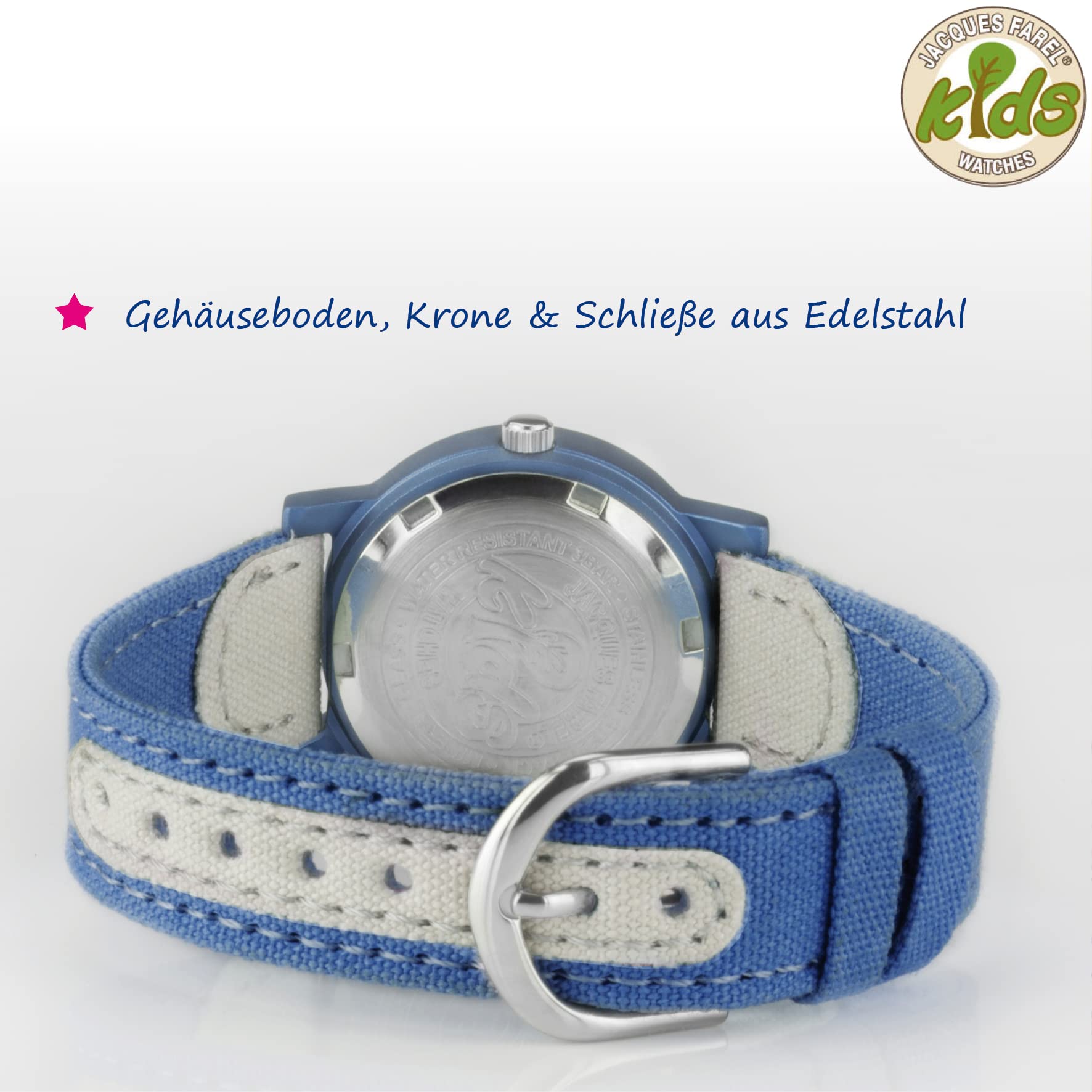 Jacques FAREL Öko Kinderarmbanduhr Mädchen Analog Quarz mit Textilarmband aus Bio-Baumwolle Blau Grau Sterne Nachhaltig ORG 01 STA