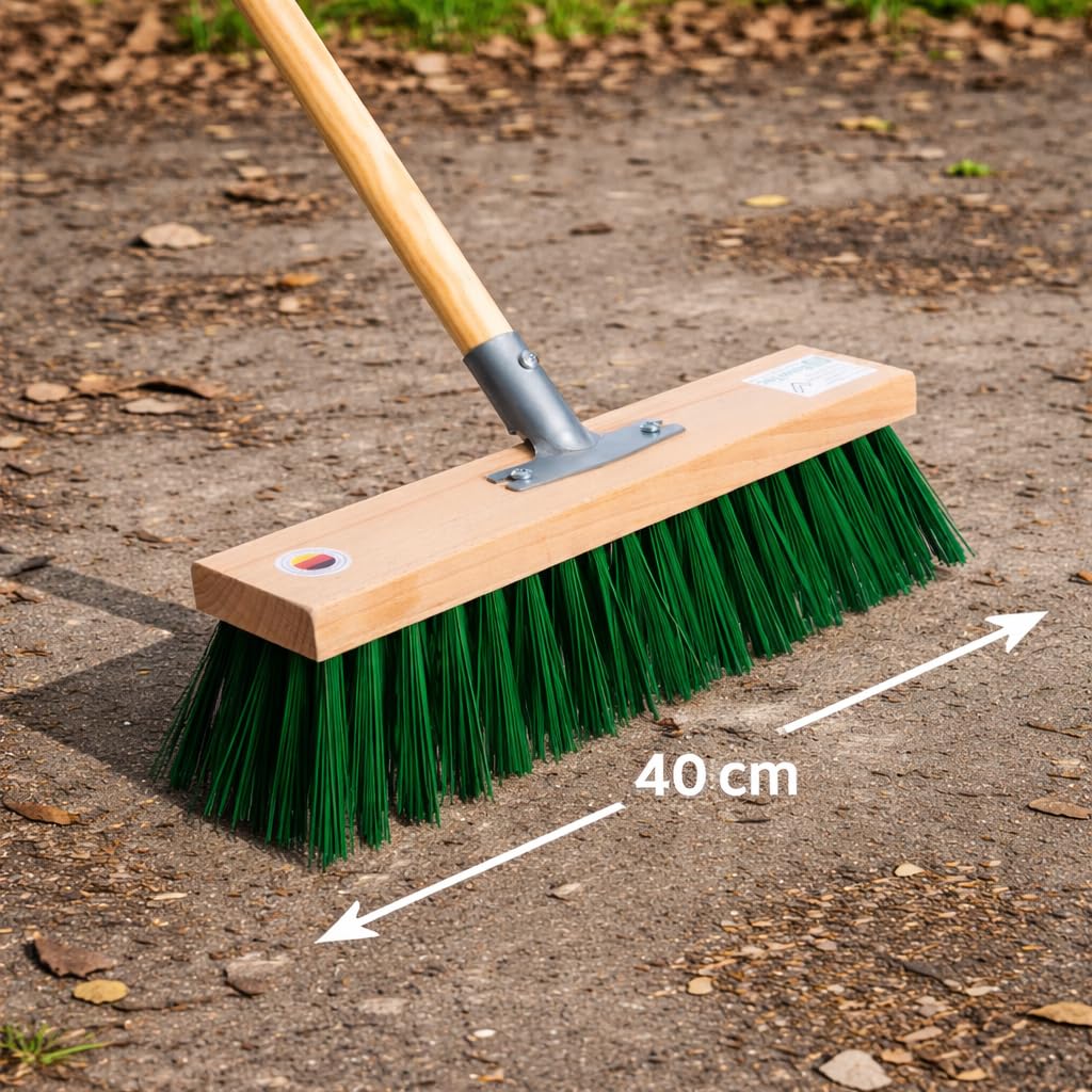 Profi Straßenbesen Extra Lange grüne Kunst Borsten 40cm Besen mit Stiel 160 | Robuste PT-Kunststoff-Borsten, Mit Geräte-Holzstiel 155cm Lang, Für Draußen, Für Groben Schmutz, Gartenbesen