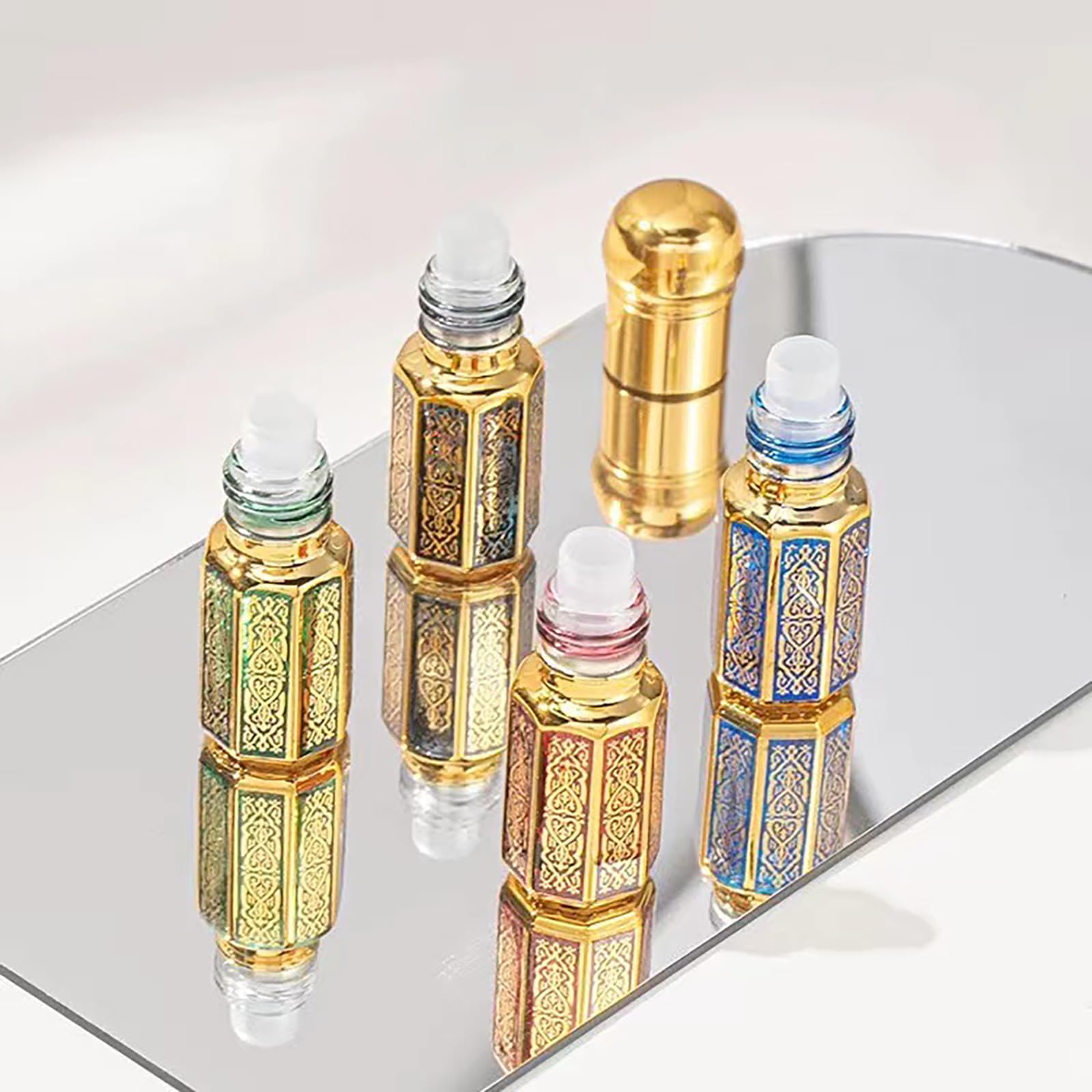 Lot de 12ml 5 Bouteilles D'huile Vintage, Bouteilles en Verre Roll-on Vides Huile Essentielle, Rechargeable Rouleaux D'huiles Essentielles Flacon Verre Bille
