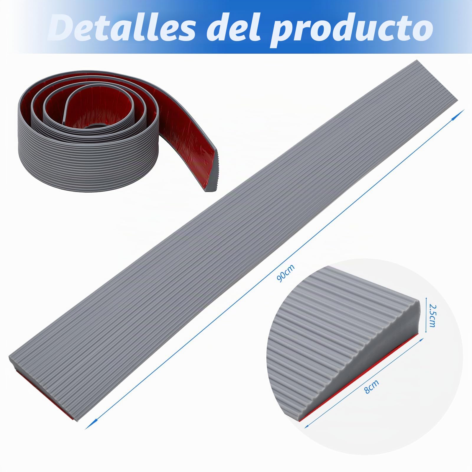 Rampa de umbral de puerta, rampa para silla de ruedas de PVC, superficie antideslizante, rampa de goma, rampa de acceso para silla de ruedas, cochecito, andador o scooter eléctrico (gris, 90 x 8 x 2,5