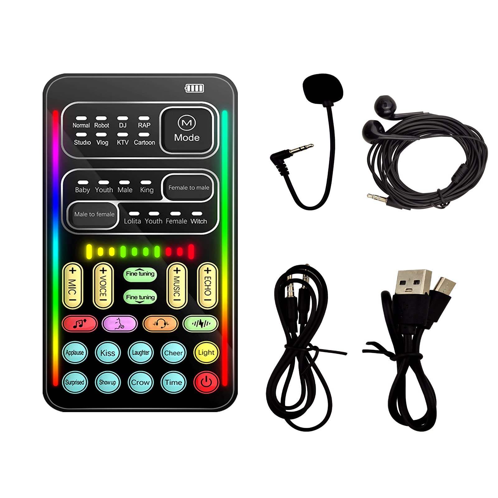 Cambiador de voz portátil, cambiador de voz de micrófono de mano con múltiples efectos de sonido y auriculares con micrófono, tarjeta de sonido en vivo multifuncional para PS4/Xbox One/teléfono