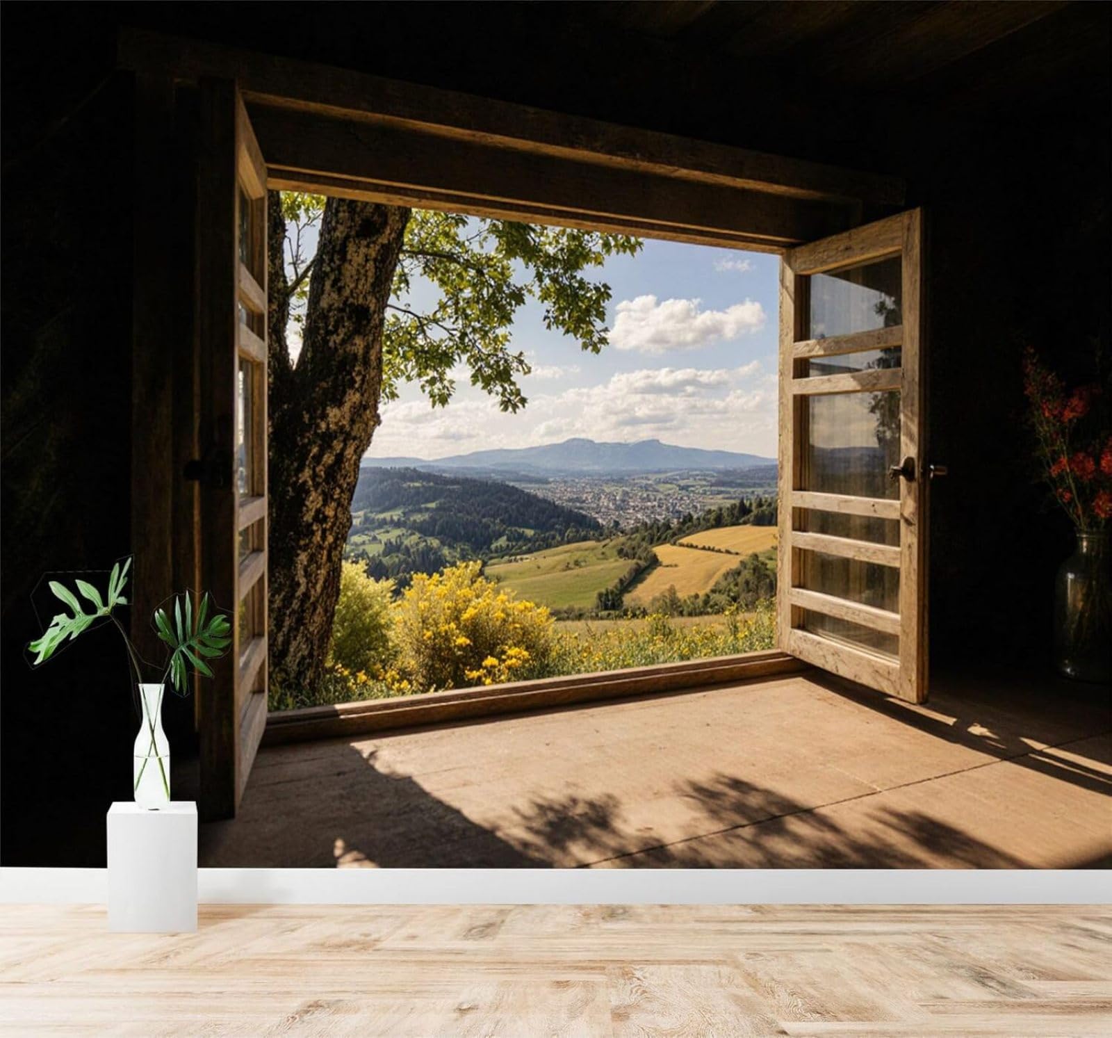XLMING Three Dimensional Wooden Door Green Valley Blue Sky Picturesque Mountain View 3D Wallpaper Silky Texture Home Study Office Grey Dining Room Sofa Bedroom Living Room TV Backdrop-250cm×170cm
