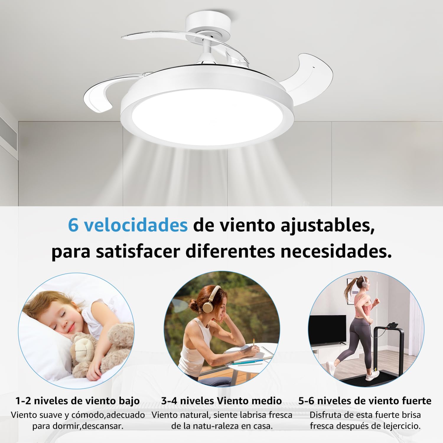 Aigostar Ventilador de Techo LED de 50W 5300LM, Aspas Retráctiles, CCT 2700K-6500K y Brillo Ajustable, con Control Remoto y Función Verano e Invierno(Blanco)
