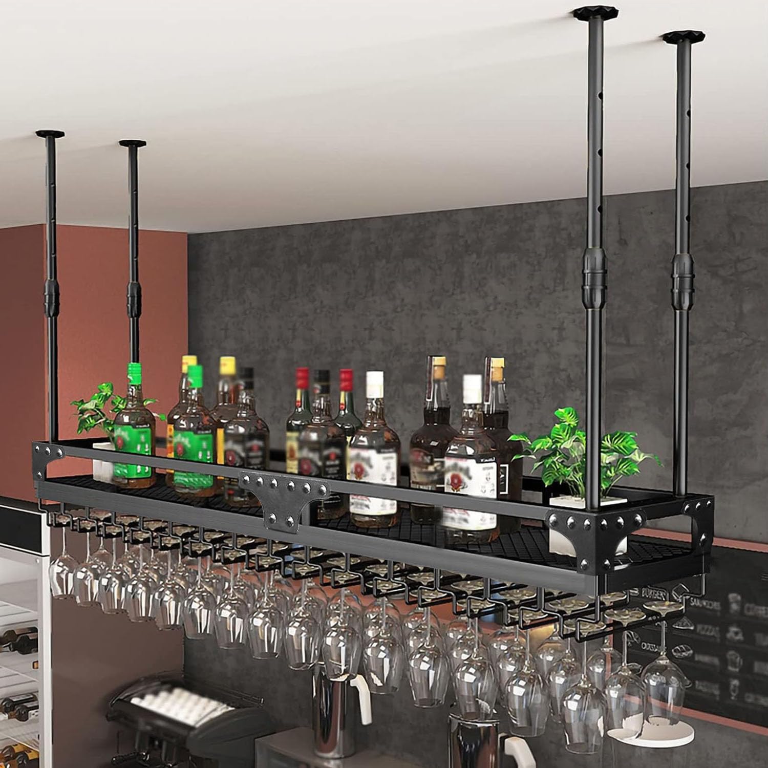 ZHHR Wine Glass Rack, Hanging Wine Glass Holder, Ceiling Decoration Wine Glass Rack, 2-in-1 hanging cup/storage wine, Adjustable Height and Width, for Kitchen,Dining Room,Bar (Black, 120 x 35 CM)