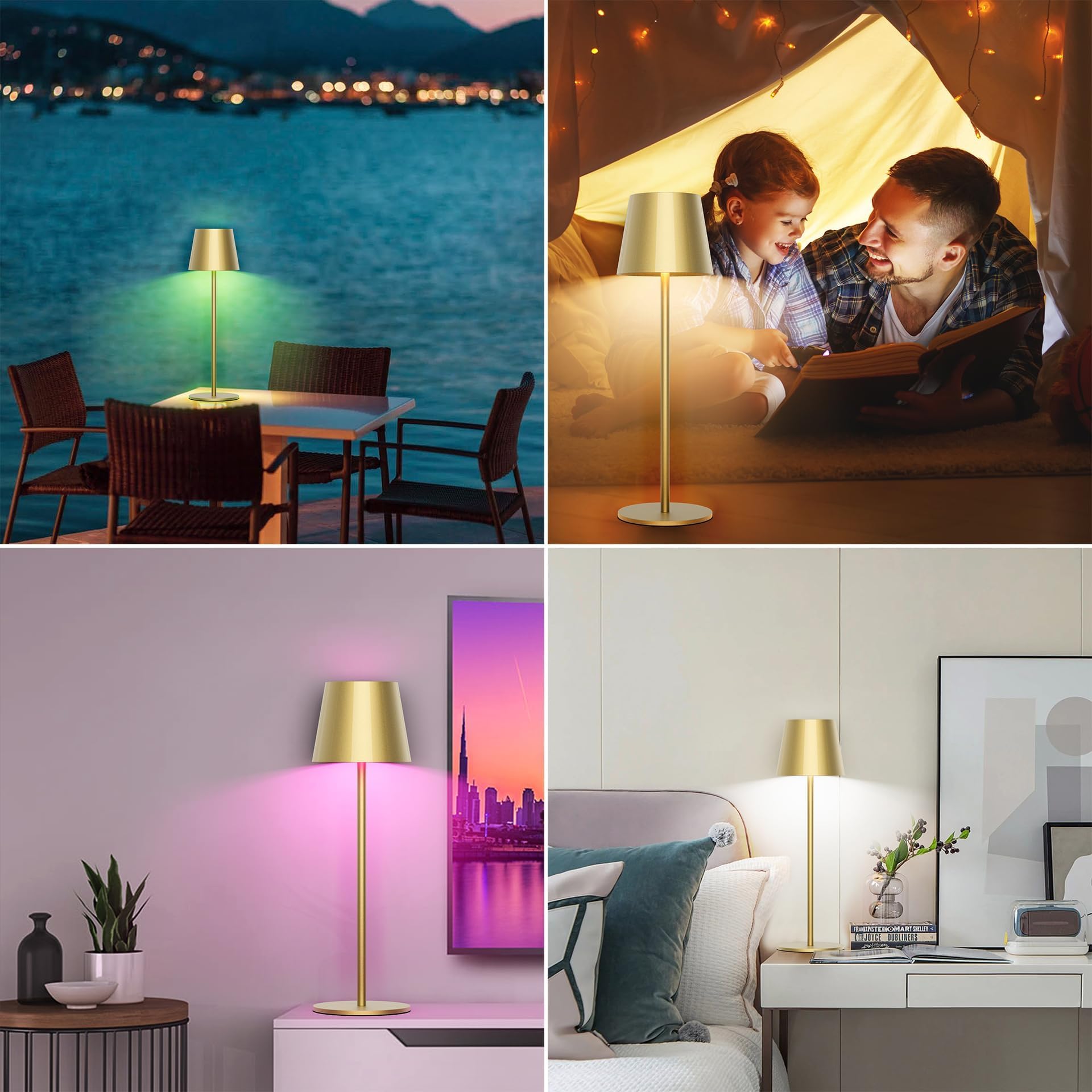 Aipsun 2 Stück Dimmbare LED akku Tischlampe Gold mit 5000mAh, Touch Dimmbar 8 Farben warme 3000K+ RGB tischleuchte kabellos, Aluminium, USB-C, IP54, für den Innen und Außenbereich