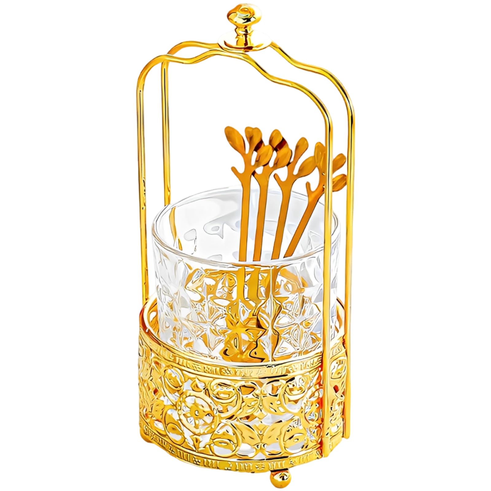 Pot à fourchettes avec 6 fourchettes à fruits dorées, support lune et étoile, fourchettes inox, manche en alliage, rangement décoratif, pour maison et fêtes
