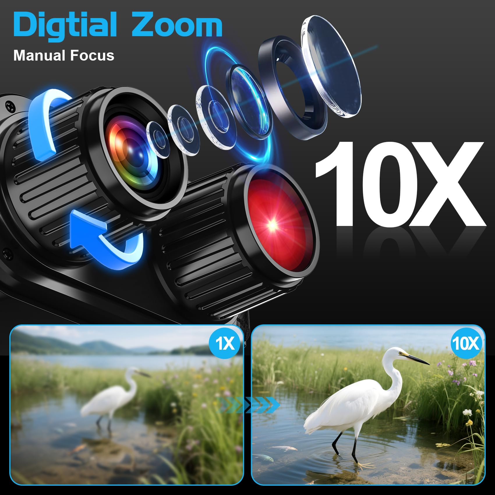 Visore Notturna, 2.8"HD Display, 10X Digitale Zoom 7-Livelli Infrarossi, 800M Visione con Batteria Ricaricabile da 2000mAh, Con per la Caccia, Birdwatching, Campeggio