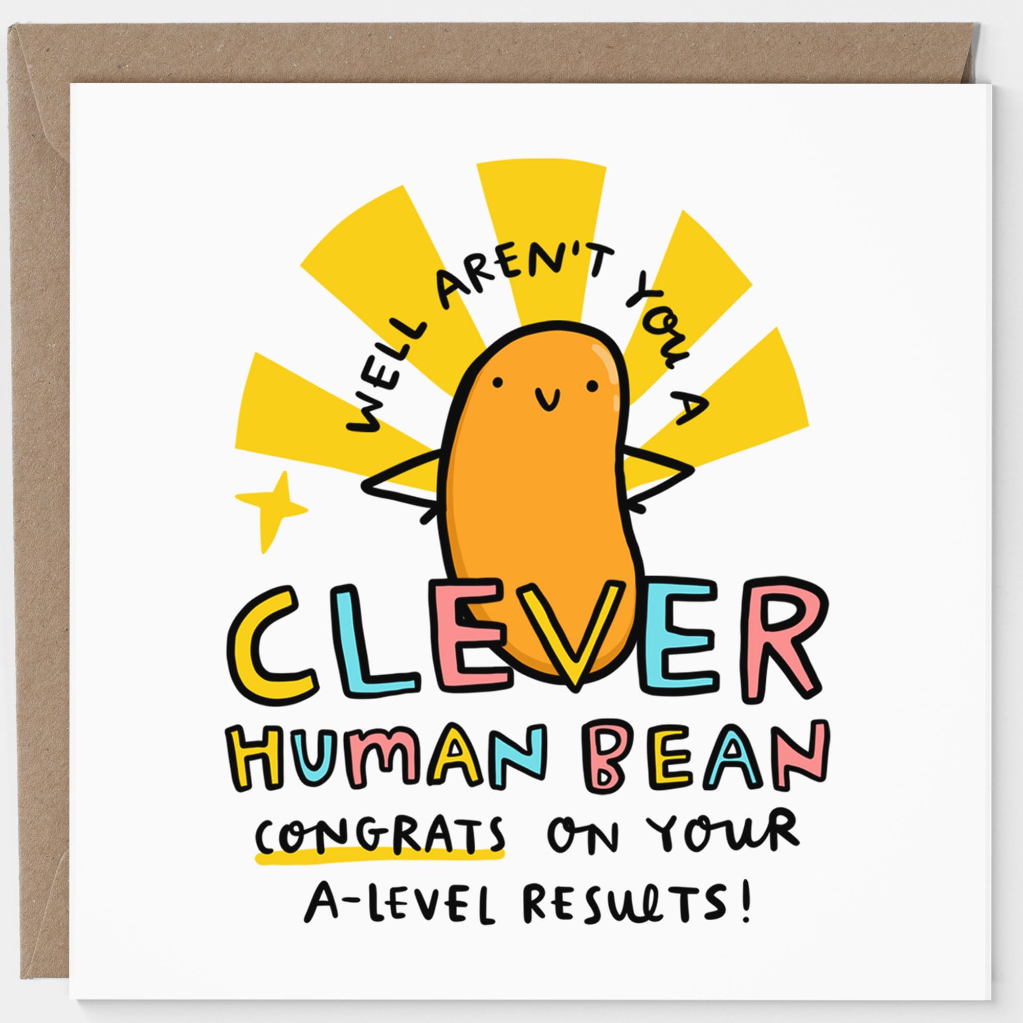 Human Bean A Level Results Congratulations Card - Clever Human Bean Well Done Card - Funny A Level Results Greeting Card