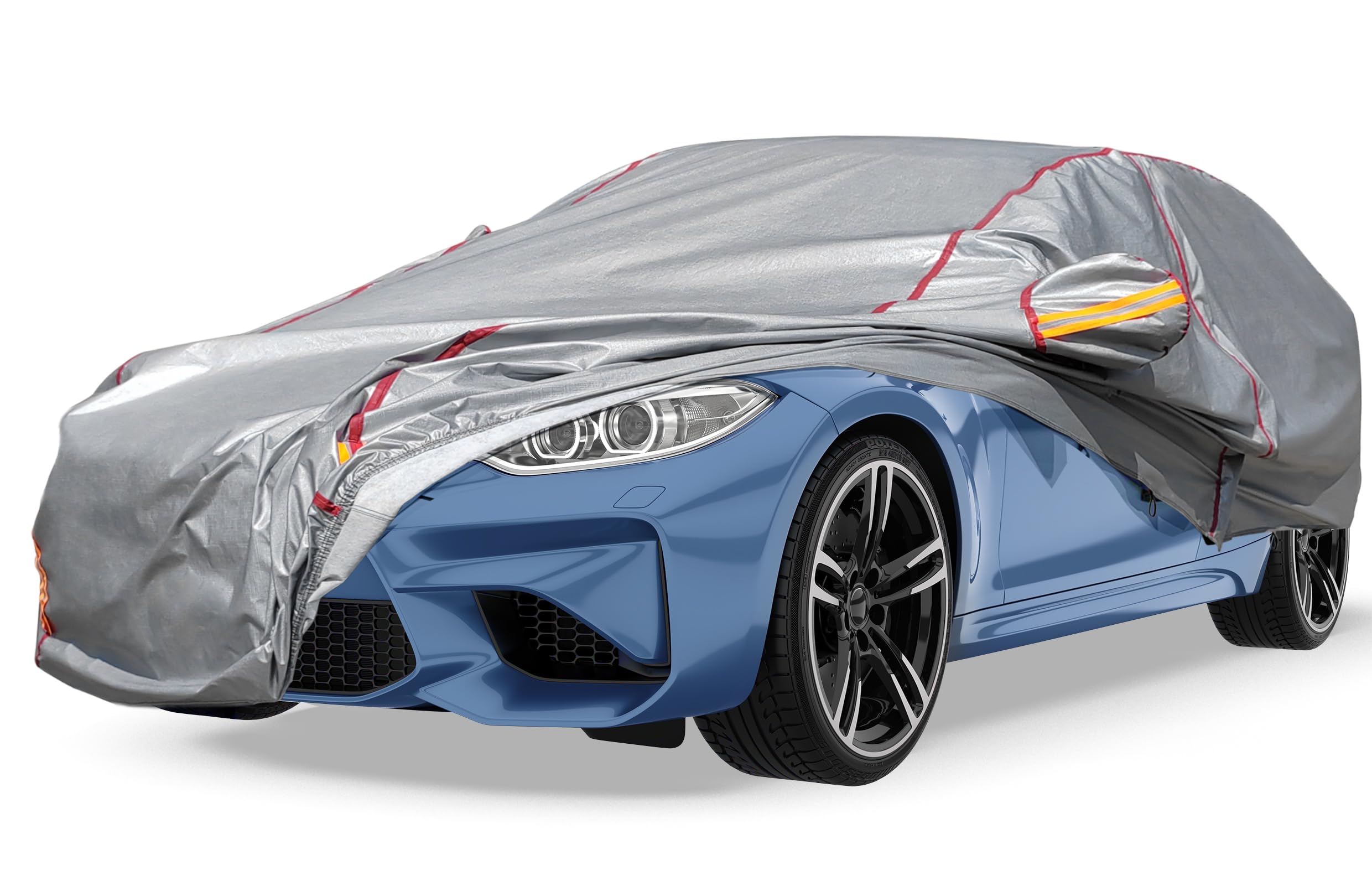 Car Cover Waterproof All Weather, 6 Layers Outdoor Full Car Cover UV Snow Rain Wind Dust All Weather Outdoor Protection with Zipper Cotton, Mirror Pocket, Fit for Sedan Grey (190-195 inch)