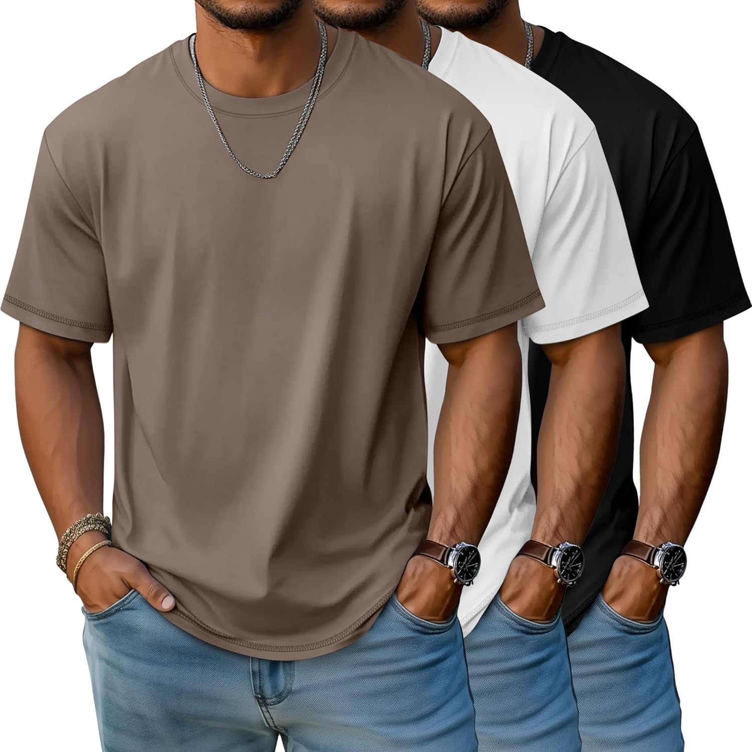 3 Pack Men's Big and Tall T-Shirts, Crew Neck Cotton Short Sleeve Tees Summer Side Slits Shirts Casual Basic Tops