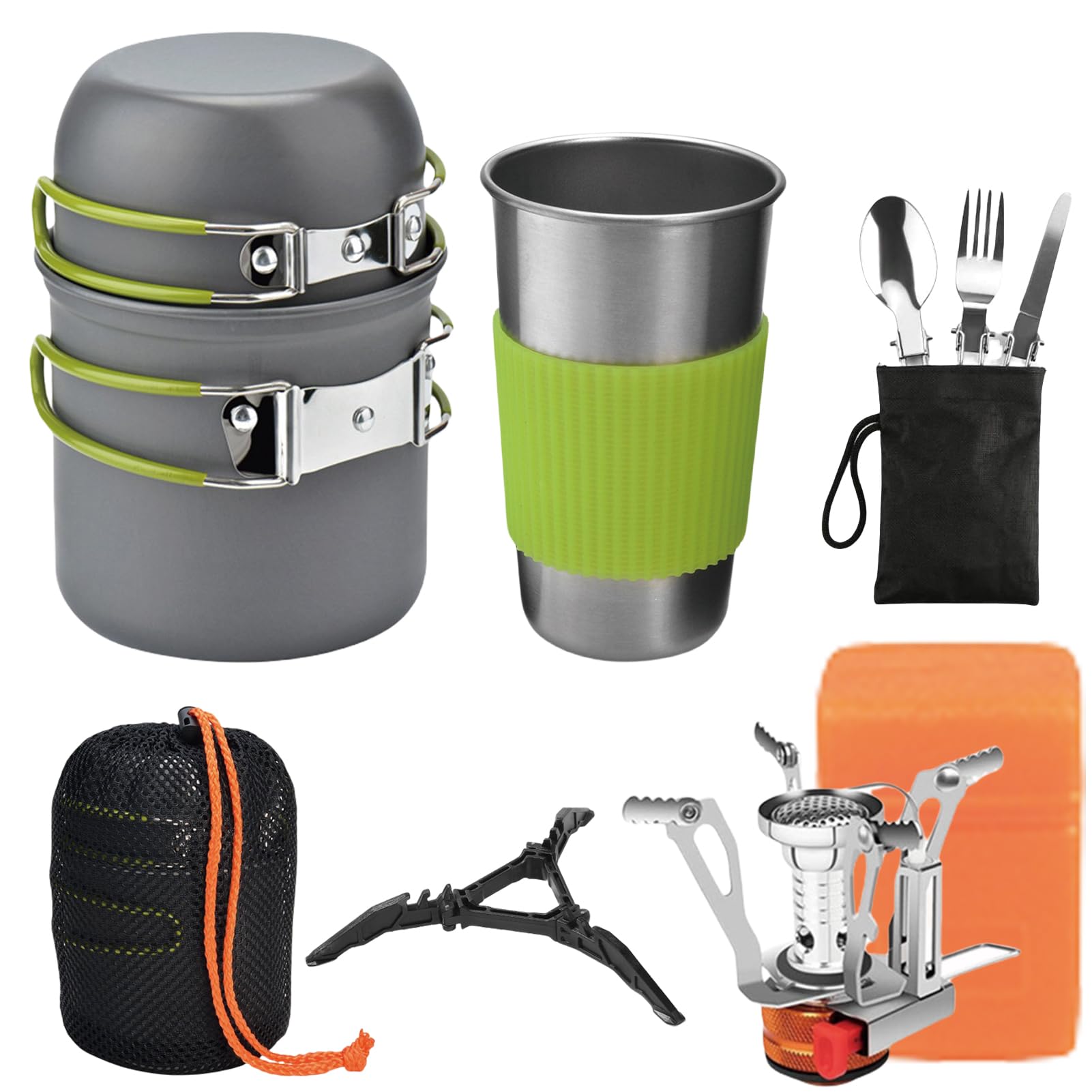 Laspi Kit de Casseroles Camping, 9 pcs Ustensiles de Cuisine de Camping en Aluminium Durable, Camping Ustensiles Complets avec Réchaud de Camping Portable Ultraléger pour Camping