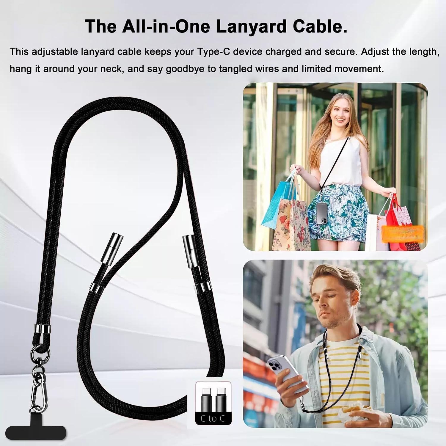 2-in-1 Phone Lanyard USB-C Charging Cable, 60W Fast Charge Braided Crossbody Strap, Adjustable Anti-Lost Cord