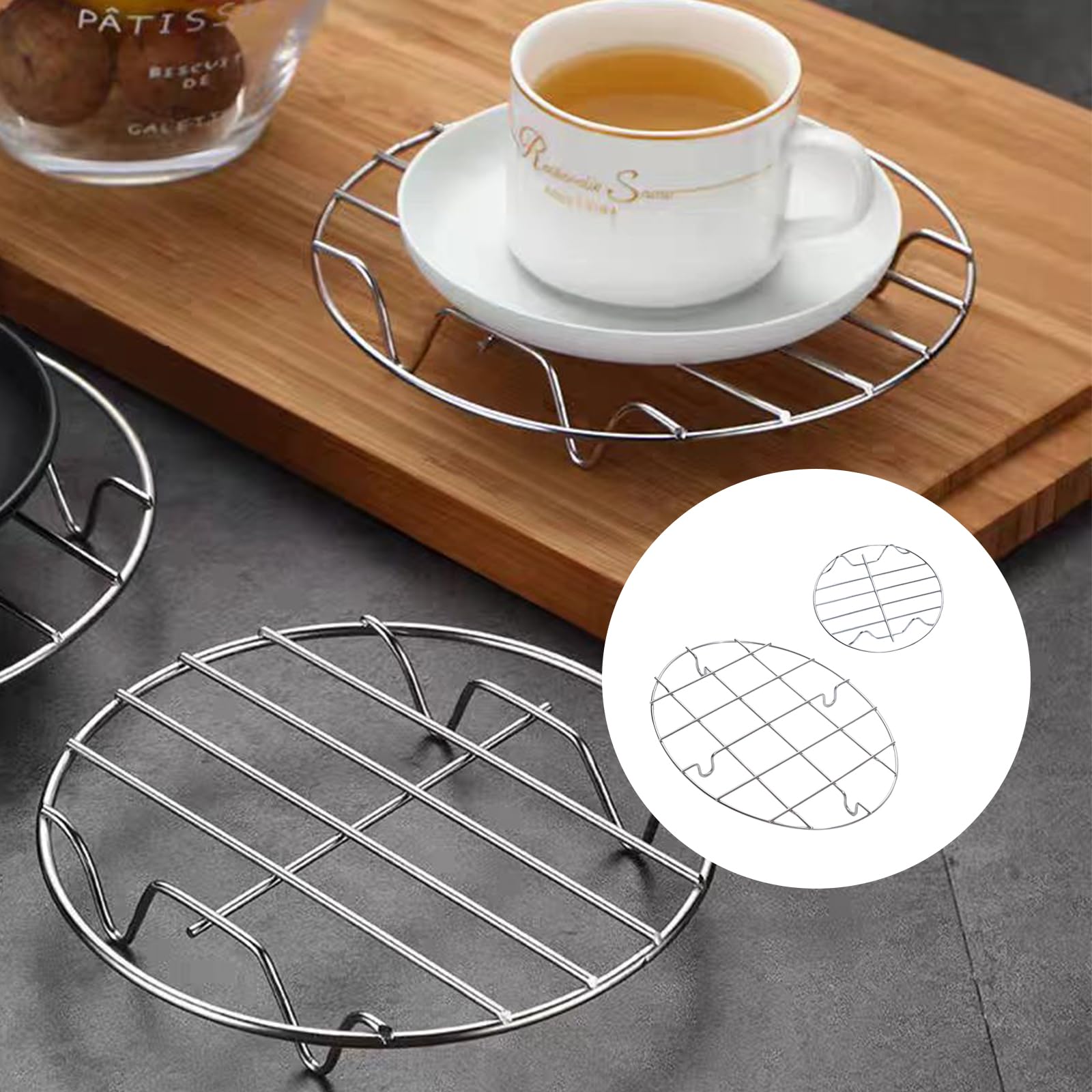 Juego de 2 estantes de cocina multiusos de acero inoxidable para hornear, asar, cocinar al vapor y enfriar, formas redondas y ovaladas incluidas. 4