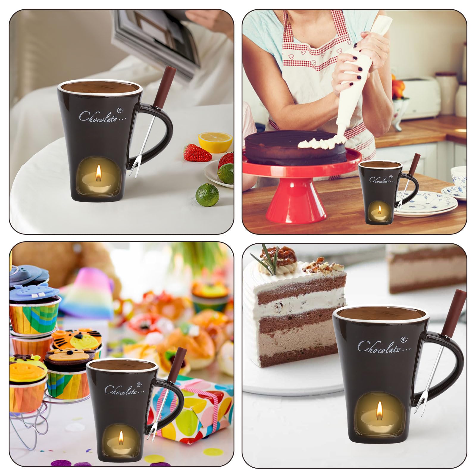 Taza de cerámica para fondue de chocolate, 130 ml, con portavelas y tenedores, fondue de chocolate, juego de fondue de chocolate, juego de fondue de chocolate, cazo para chocolate y queso, mantequilla
