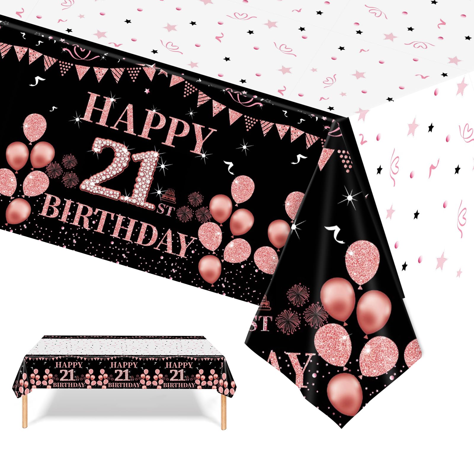 21st Table Cloth,Black Rose Gold Birthday Tablecloth 137*274cm rectangle Disposable Tablecloth Party Table Cloth Large Plastic Table Cover Black Rose and Gold Decors for 21st Birthday Party supplies