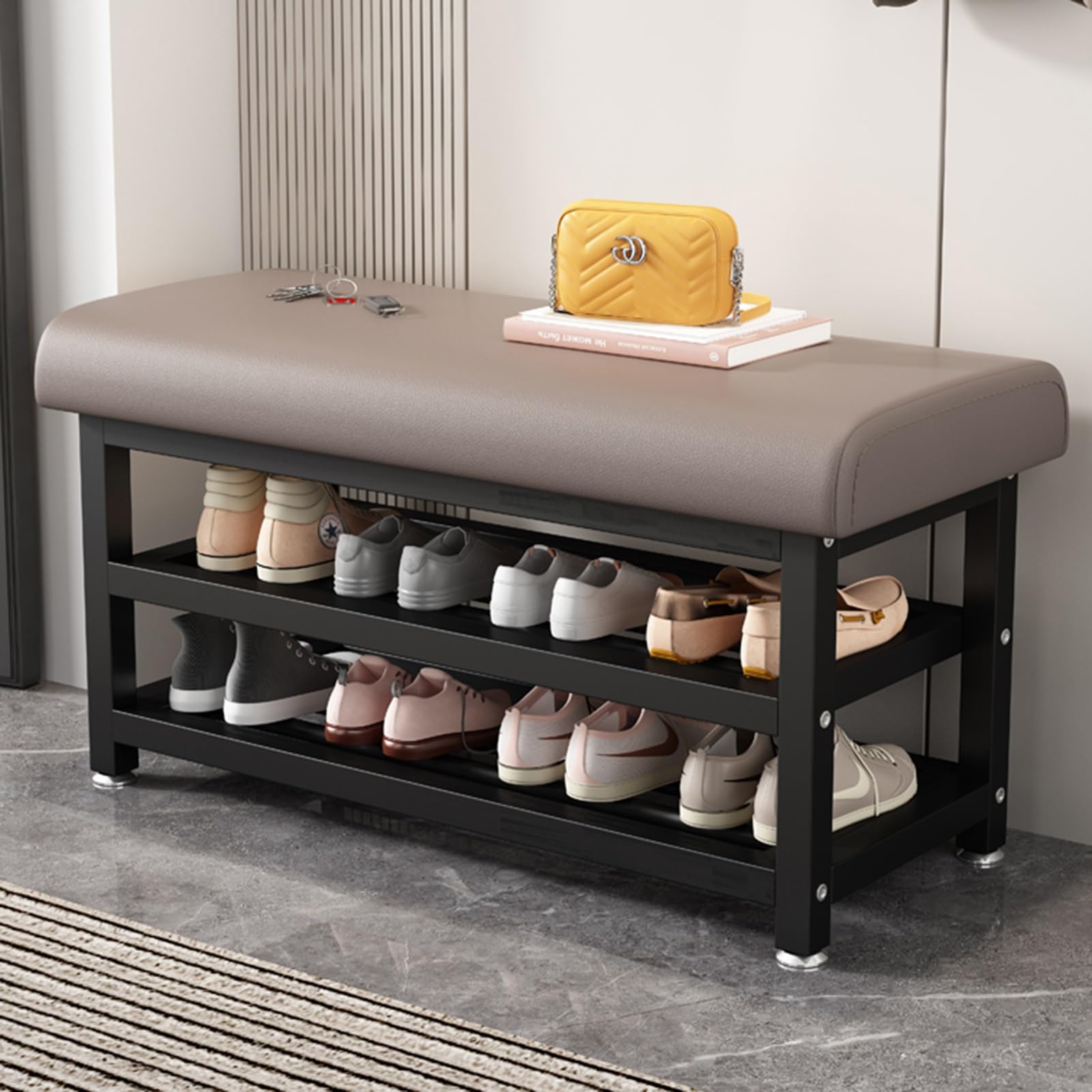 LWJSOCP Shoe Bench with Padded Seat 2 Tier Metal Shoe Rack for Entryway Hallway Mudroom Bedroom Stylish Gray 80cm/31.5in Storage Solution