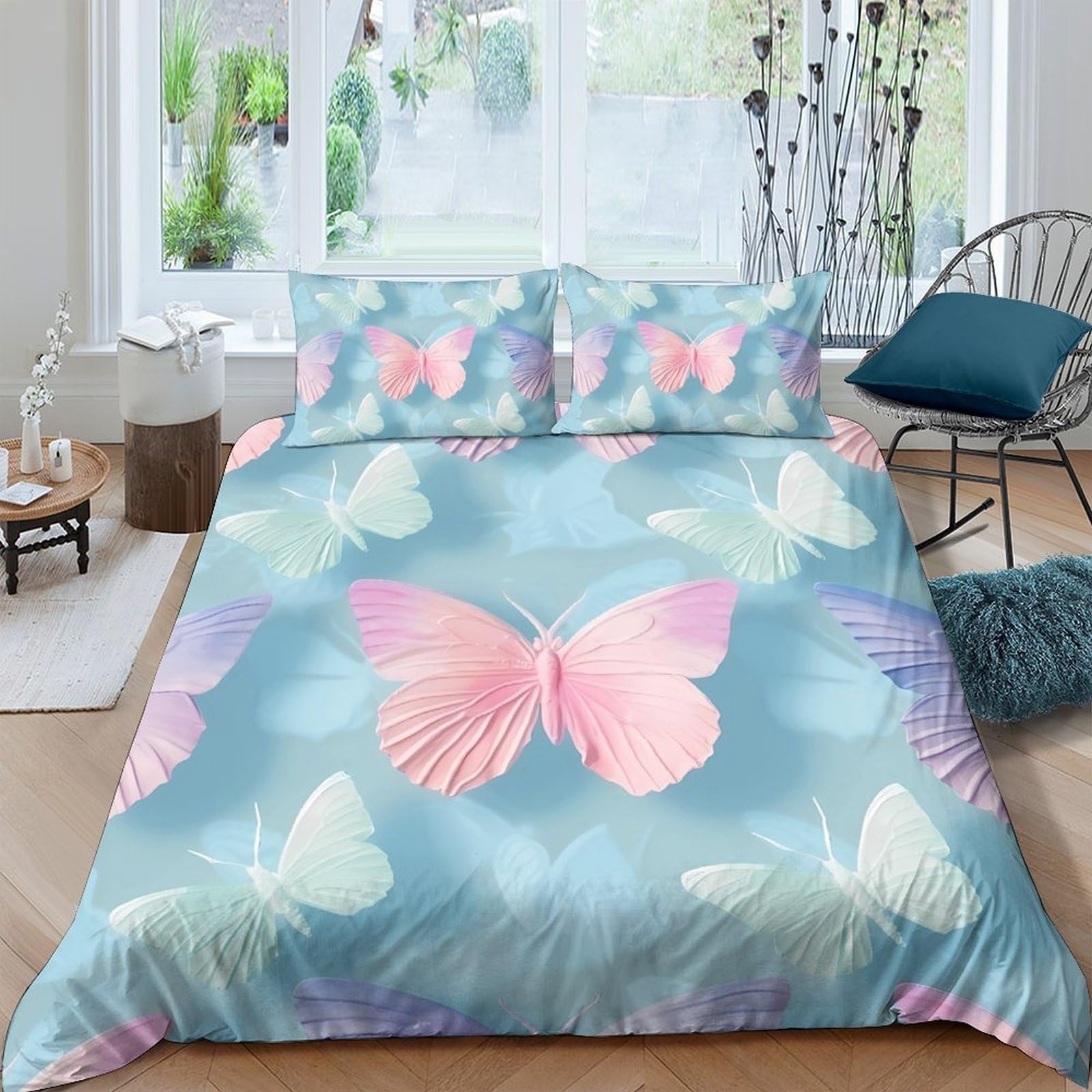TUFRTGYHN 3D Printed Pink Butterfly Duvet Cover Microfiber Soft Breathable Blue Bedding Set with 2 Pillowcases for Bedroom Decor Single（135x200cm）