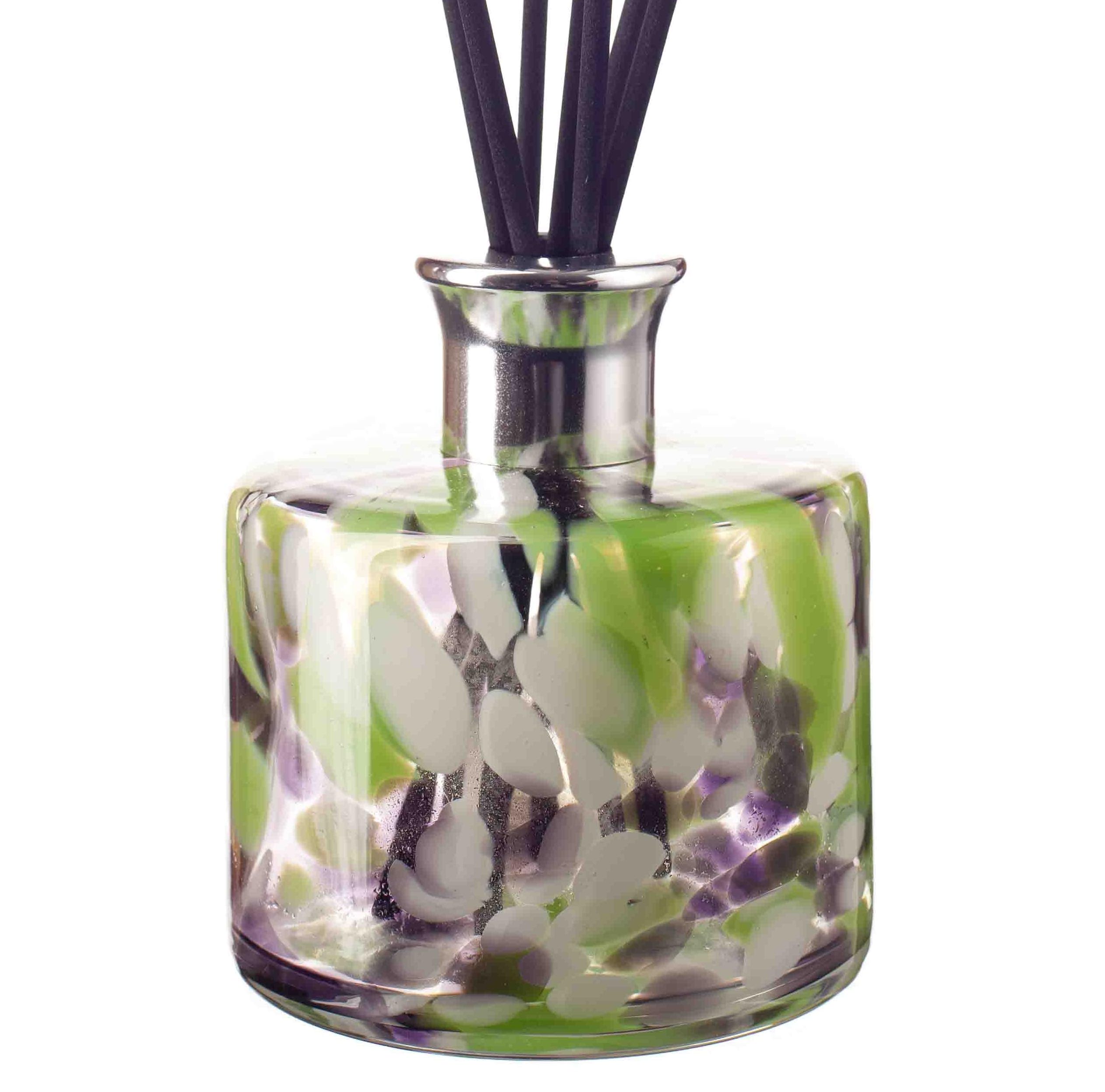 Mouth Blown Glass Reed Diffuser, Cylinder Shape, 11cm Height x 11cm Width Clear, Green, Black & White