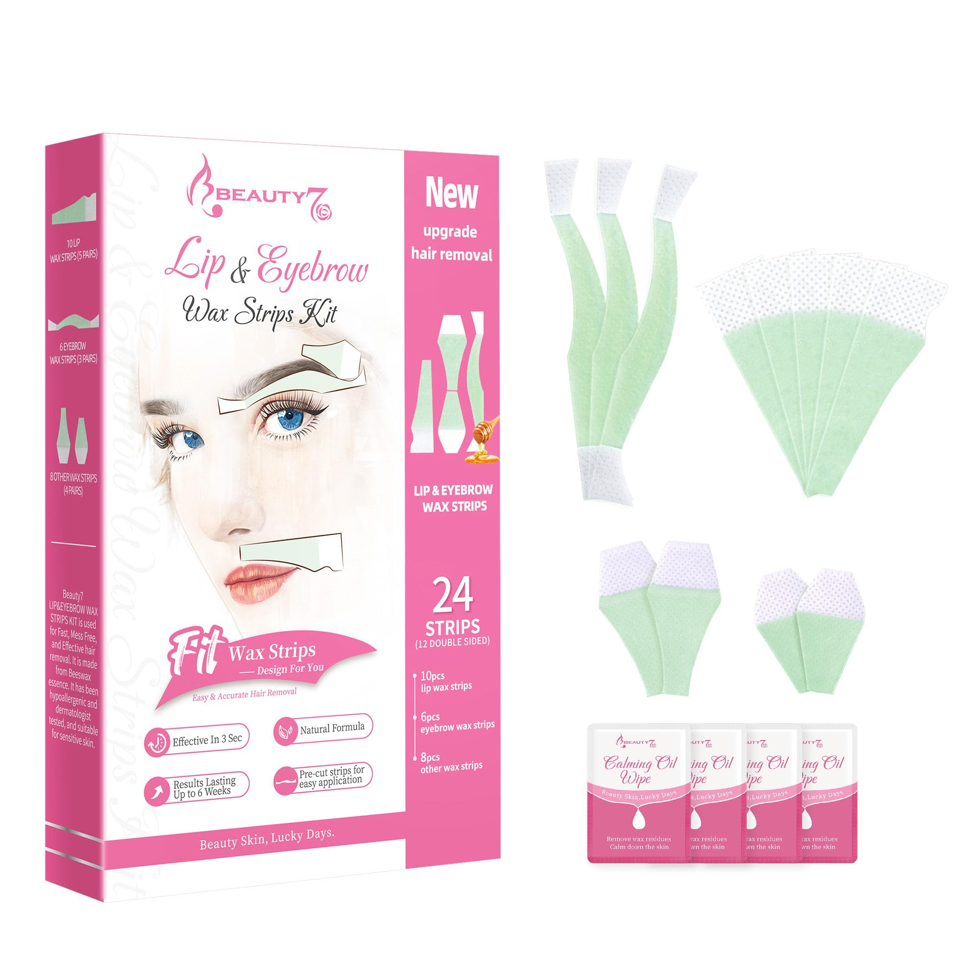 Beauty7 Facial Hair Removal, Eyebrow Wax Strips, Lip Wax Strips- 24 pcs Wax Strip 4 Soothing Oil Wipes for Eyebrow Waxing, Ideal for All Skin Types for Women