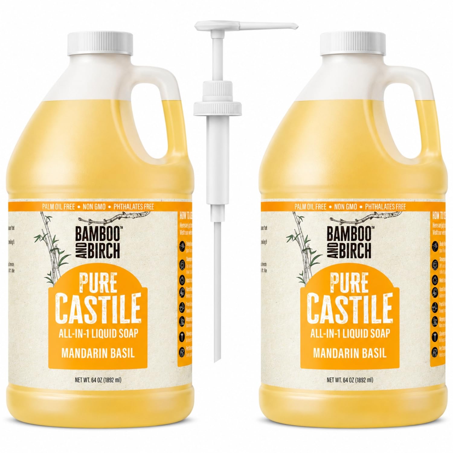 BAMBOO AND BIRCH Pure Castile Soap Liquid, Tobacco Vanilla, 64 oz | Certified Palm Oil Free, Natural Soap
